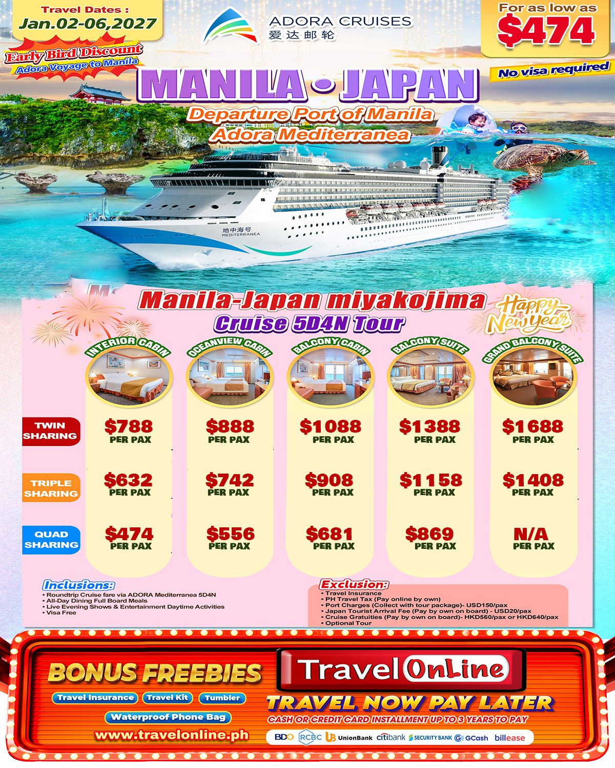MNL-Japan Adora Mediterranea Cruise 5D4N, Jan, 2027:  AS LOW AS $474/PAX promo image