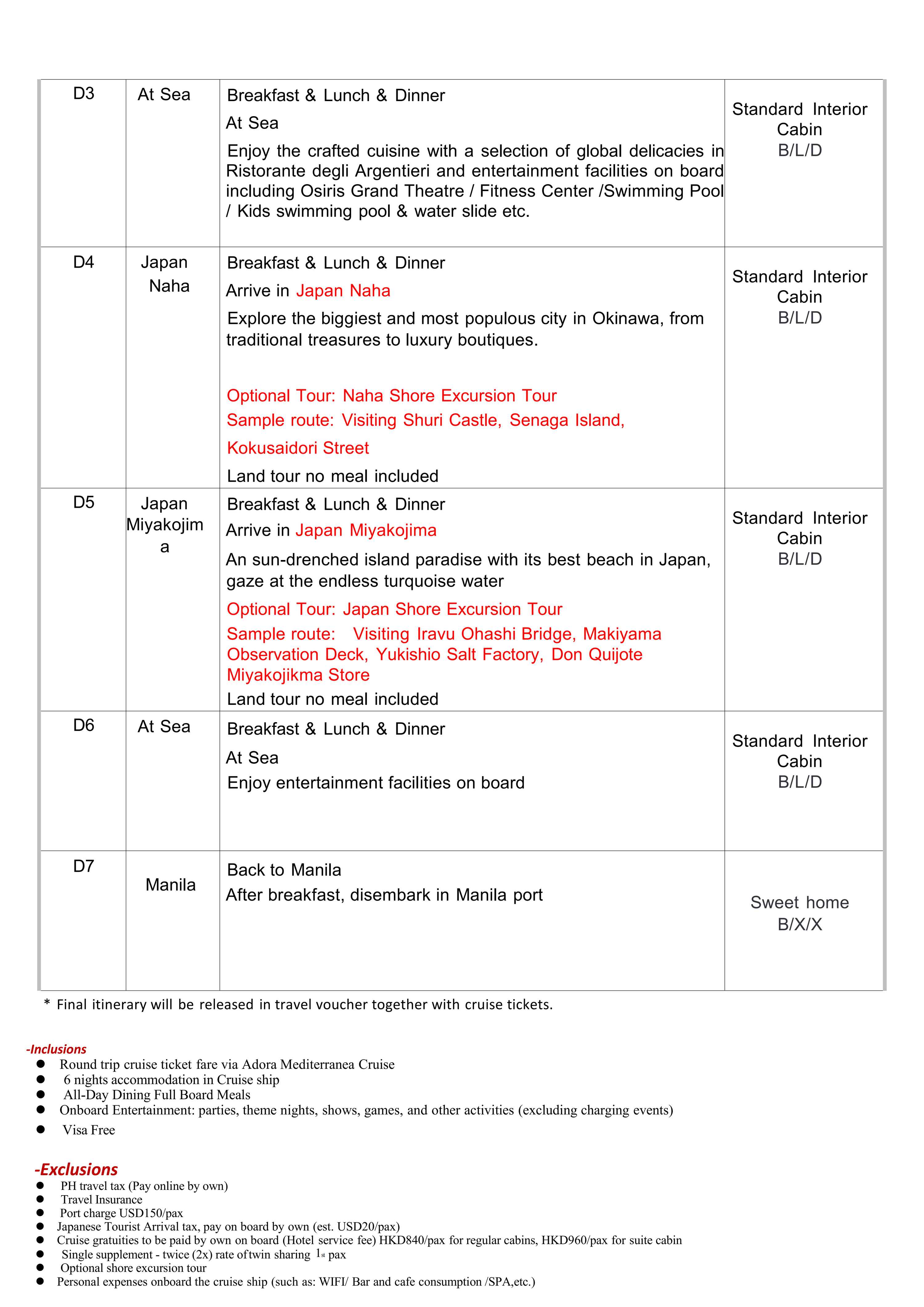 MNL-Japan Adora Mediterranea Cruise 7D6N, Dec, 2026: AS LOW AS $593/PAX itinerary