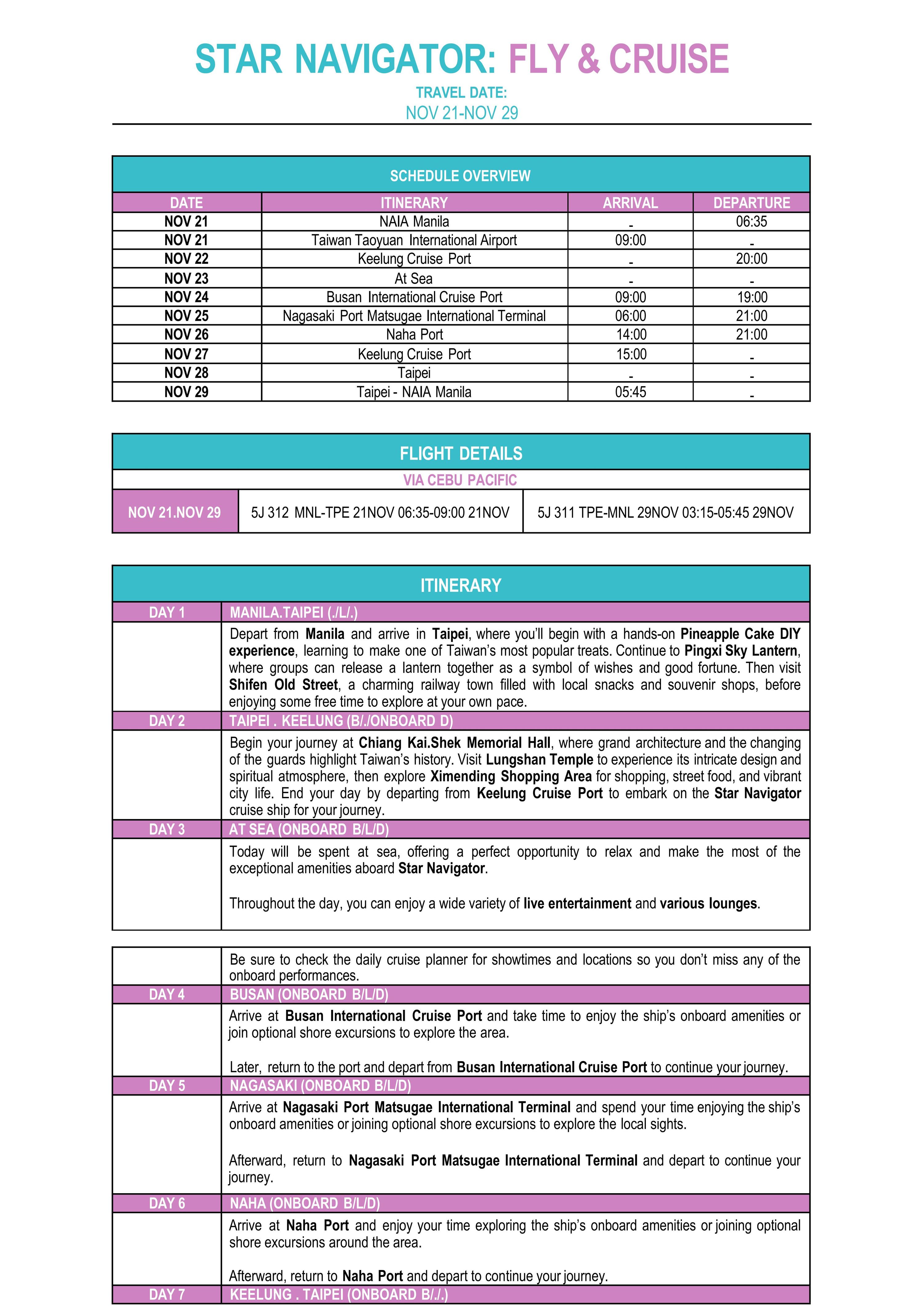 FLY and CRUISE (Star Navigator) 2026: AS LOW AS $1088/PAX itinerary