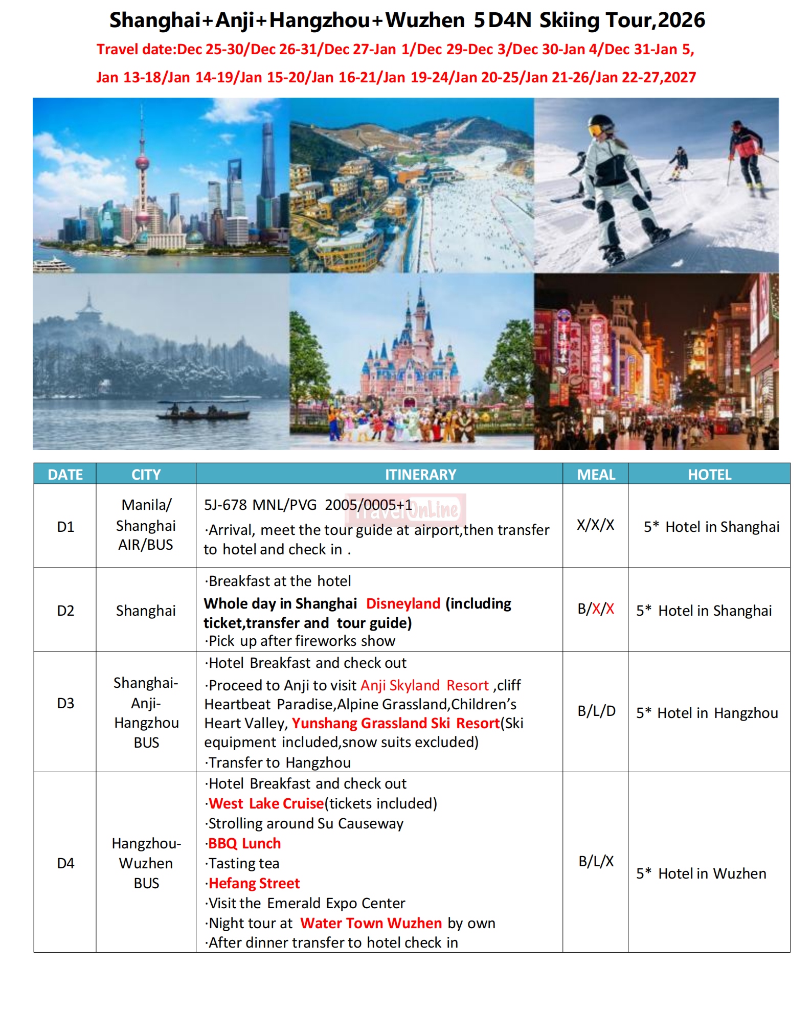 Shanghai+Anji+Hangzhou+Wuzhen 6D4N Skiing，2027: AS LOW AS $598/PAX itinerary