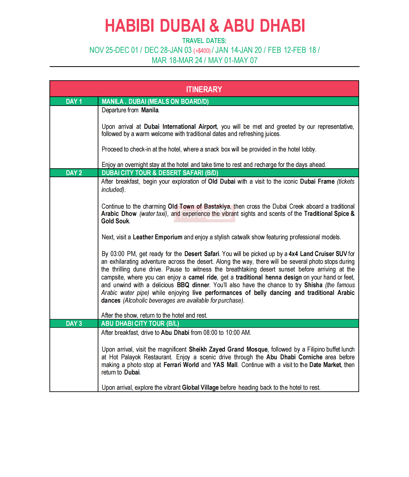 HABIBI DUBAI ABU DHABI 2026: AS LOW AS $1288/PAX itinerary