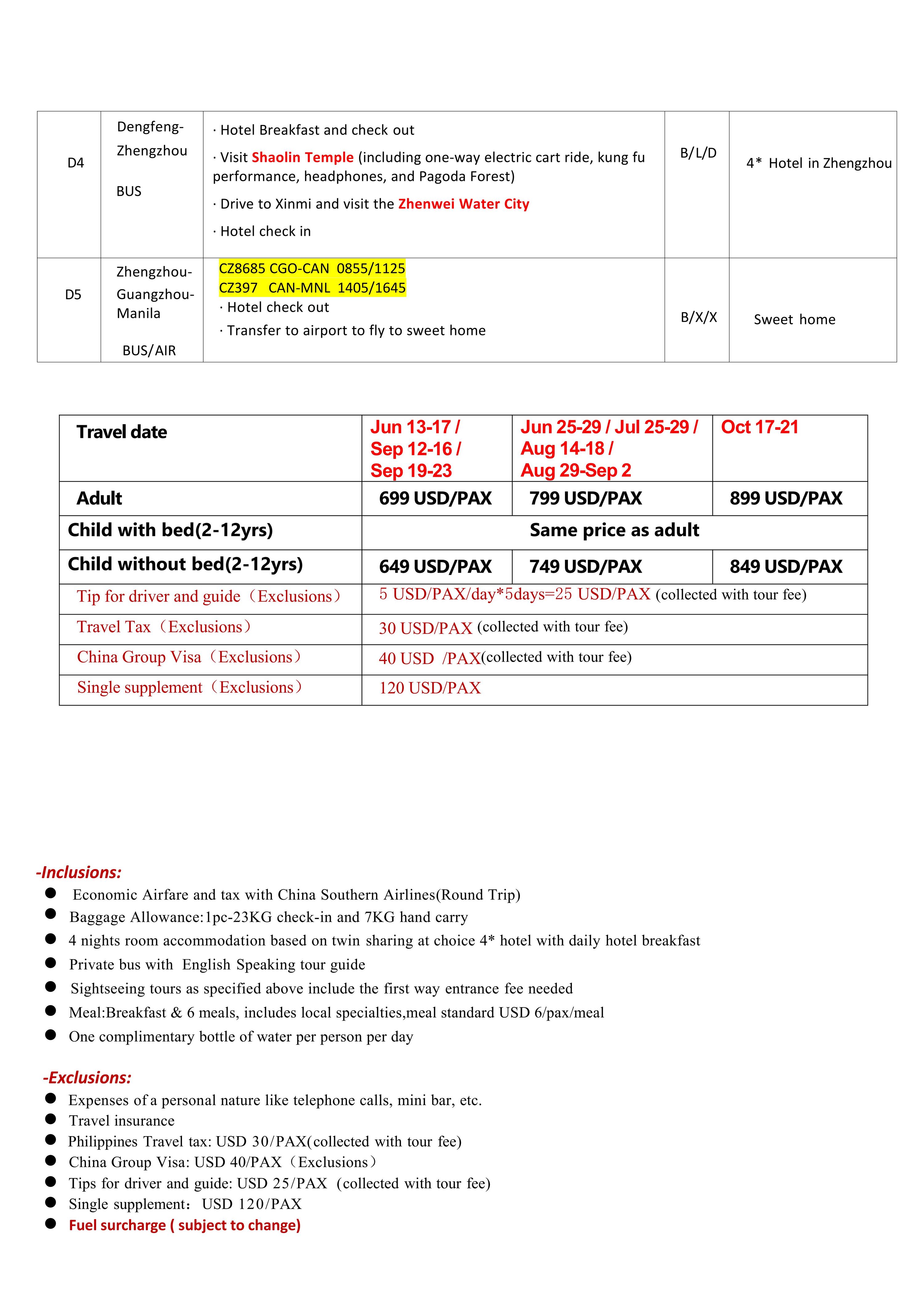 Manila-Henan 5D4N,2026: AS LOW AS $699/PAX itinerary