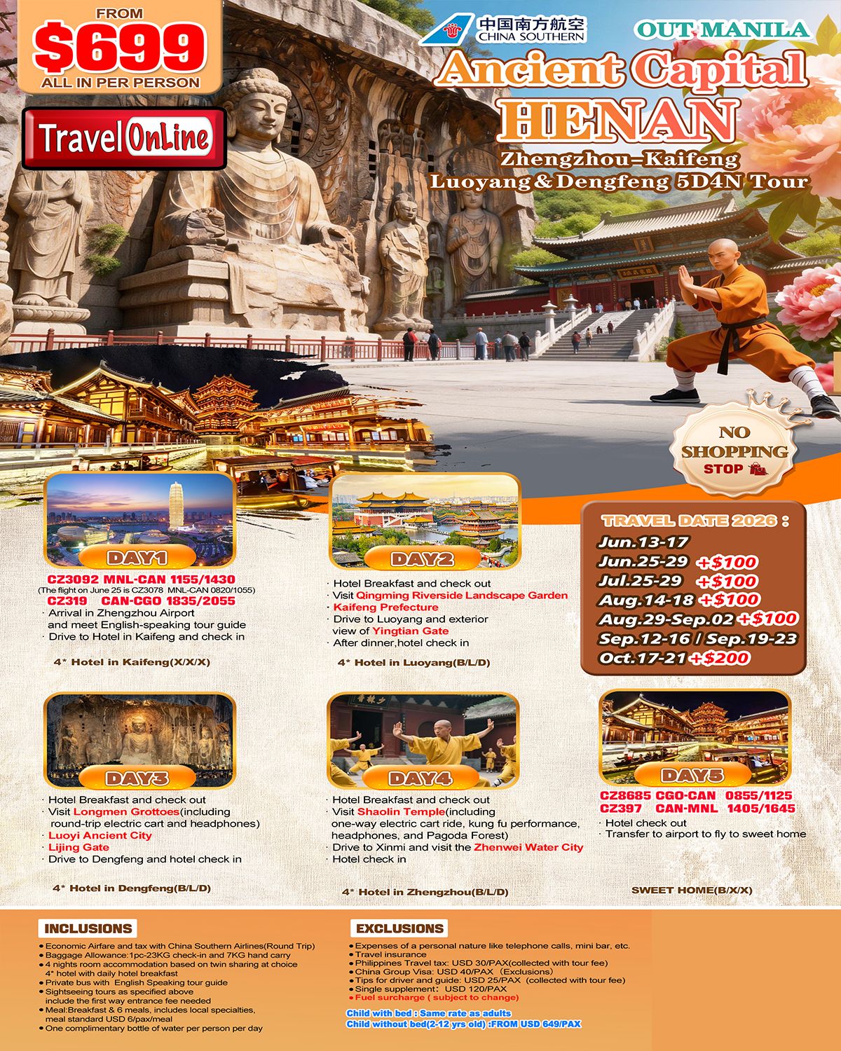 Manila-Henan 5D4N,2026: AS LOW AS $699/PAX promo image