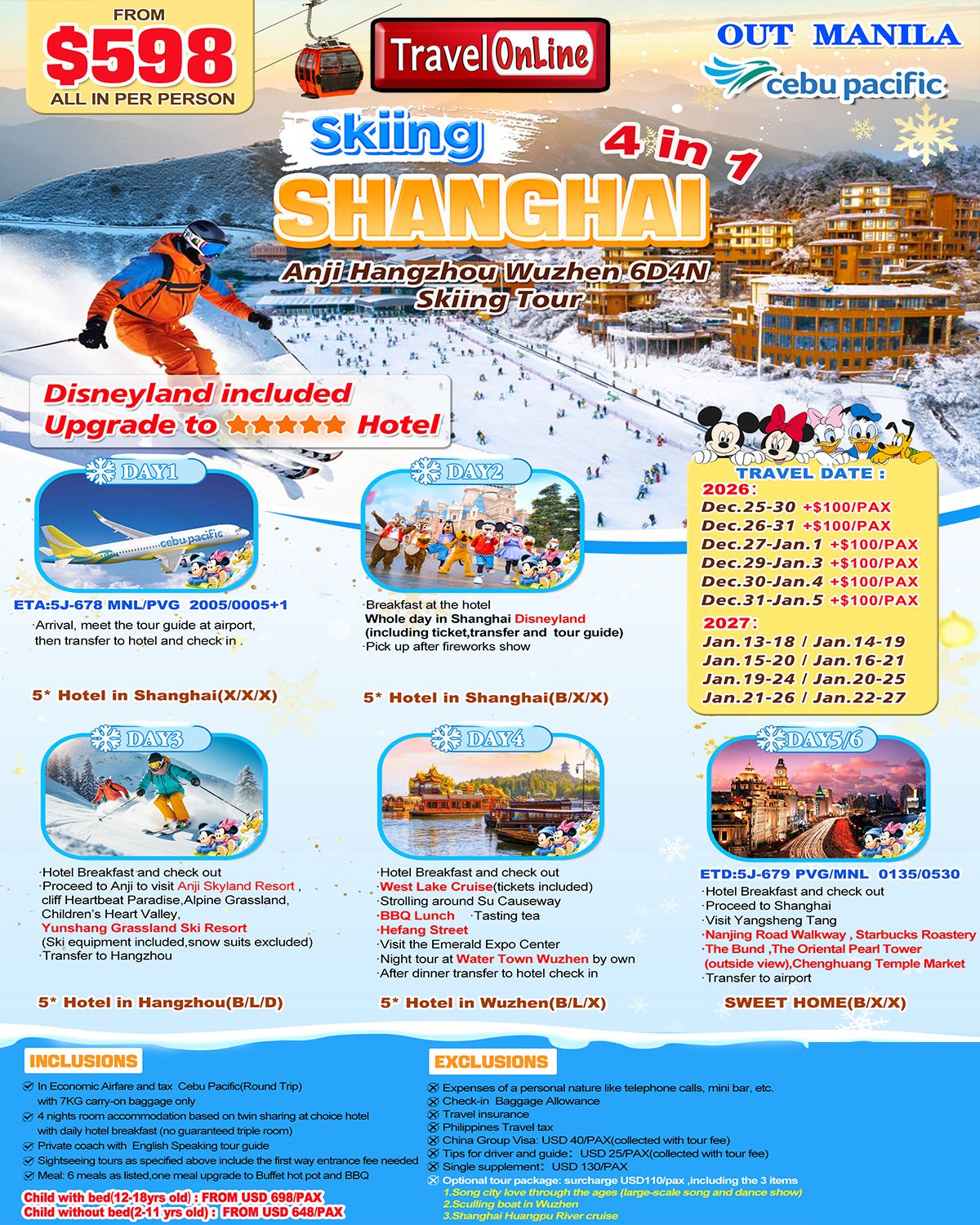 Shanghai+Anji+Hangzhou+Wuzhen 6D4N Skiing，2027: AS LOW AS $598/PAX promo image