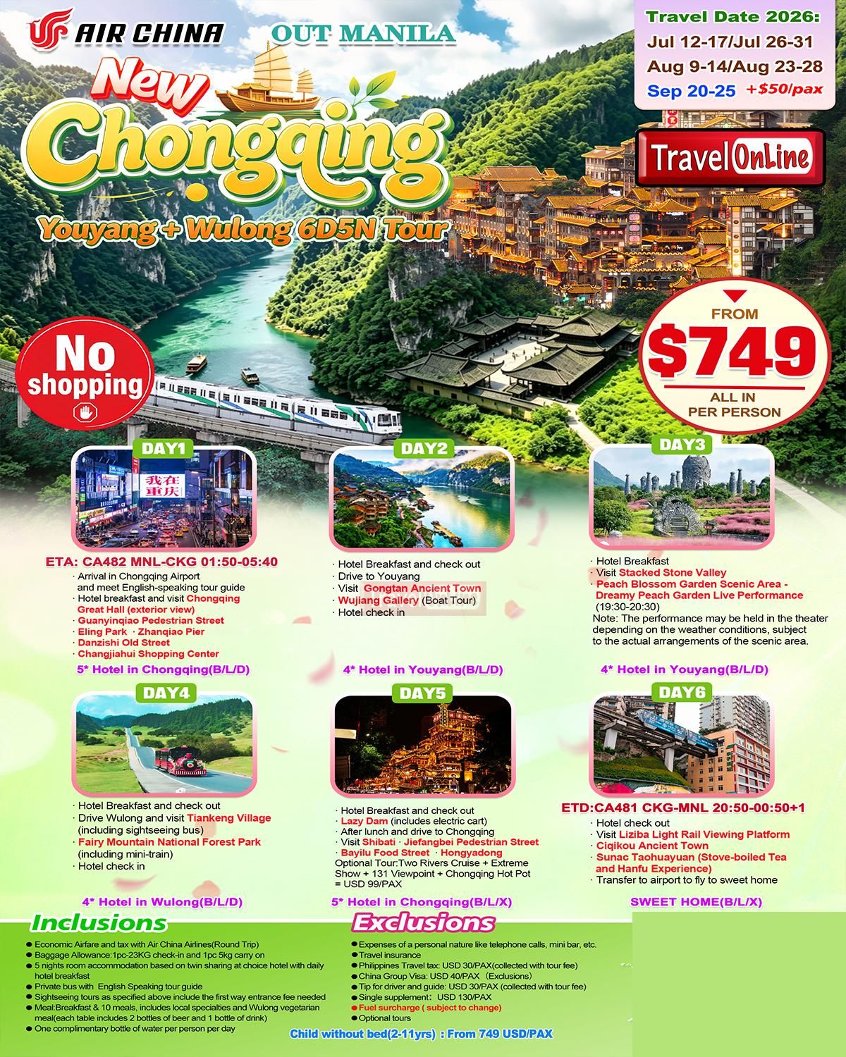 Manila-Chongqing +Youyang +Wulong 6D5N ,2026: AS LOW AS $749/PAX promo image