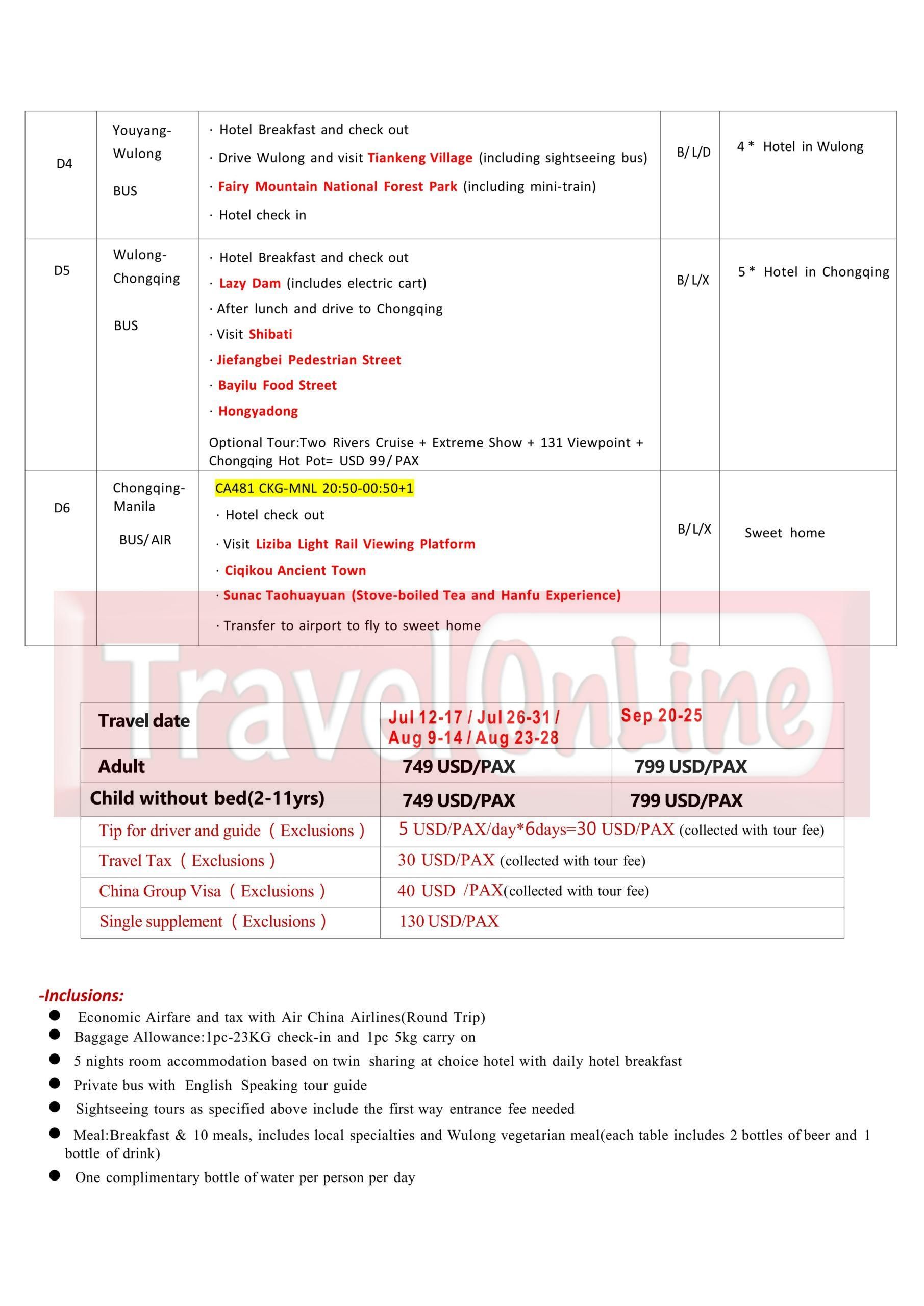 Manila-Chongqing +Youyang +Wulong 6D5N ,2026: AS LOW AS $749/PAX itinerary