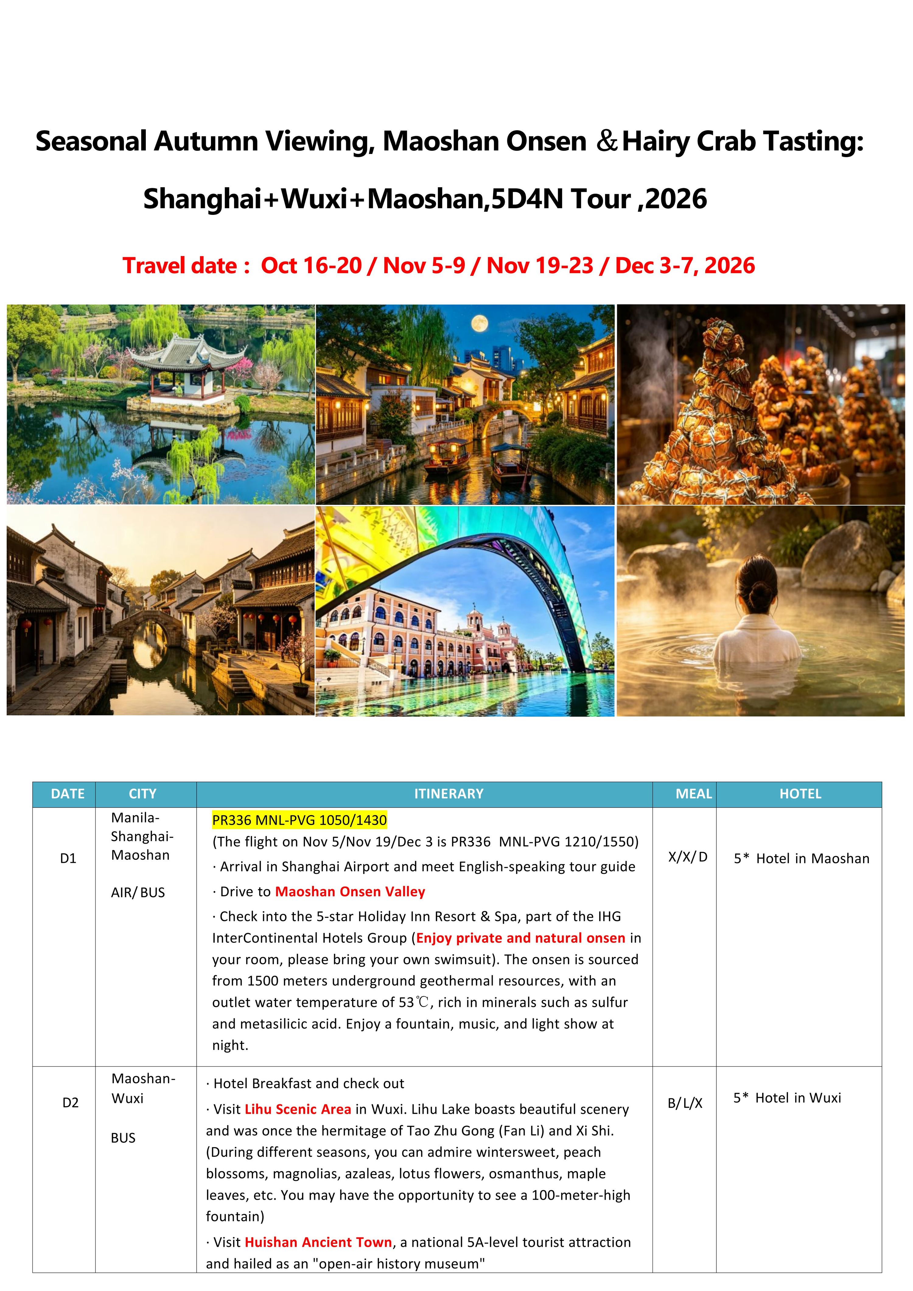 Manila-Shanghai+Wuxi+Maoshan 5D4N,2026: AS LOW AS $899/PAX itinerary