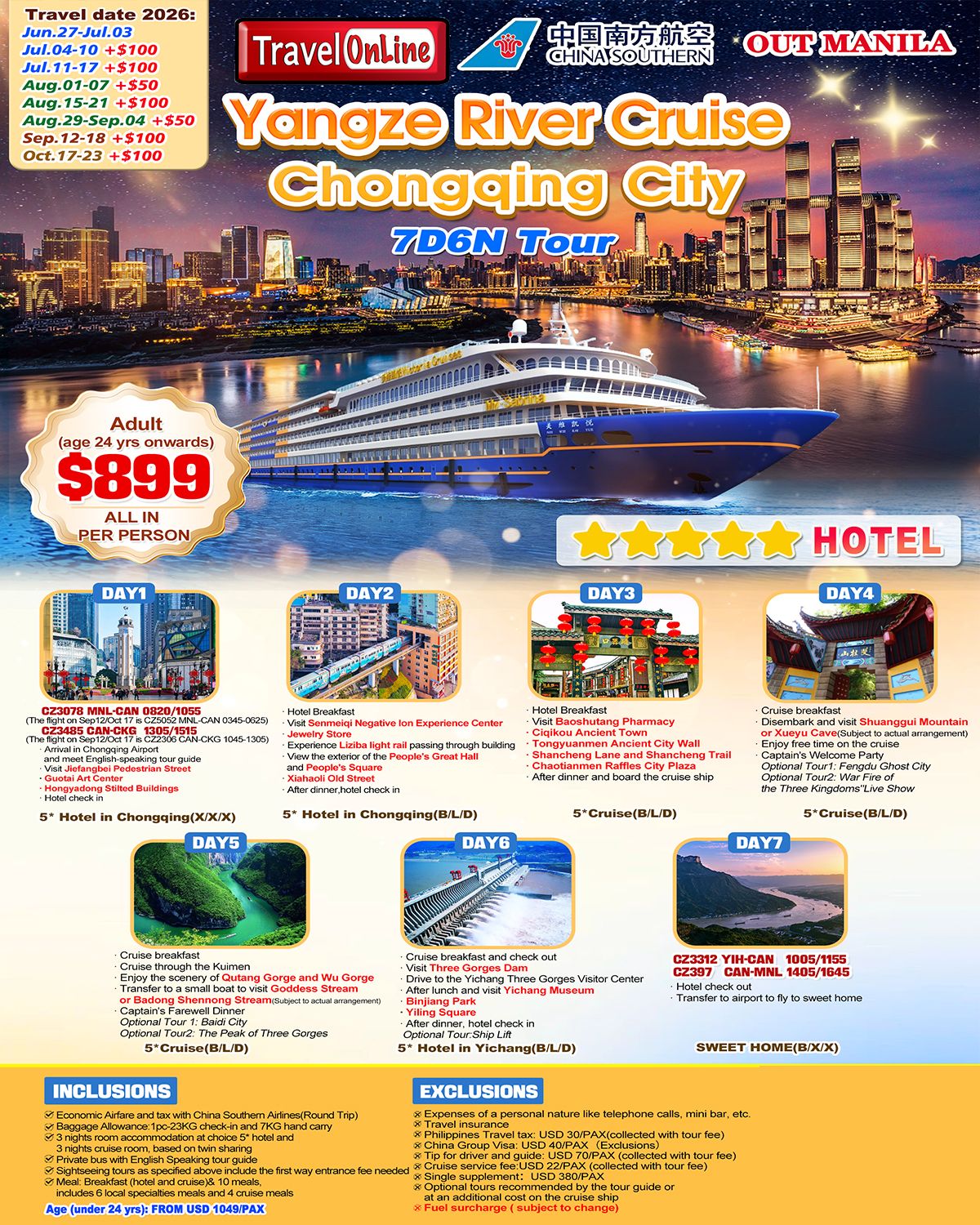Manlia-Chongqing+Yangtze River +Yichang(Via Guangzhou) 7D6N,2026: AS LOW AS $899/PAX promo image