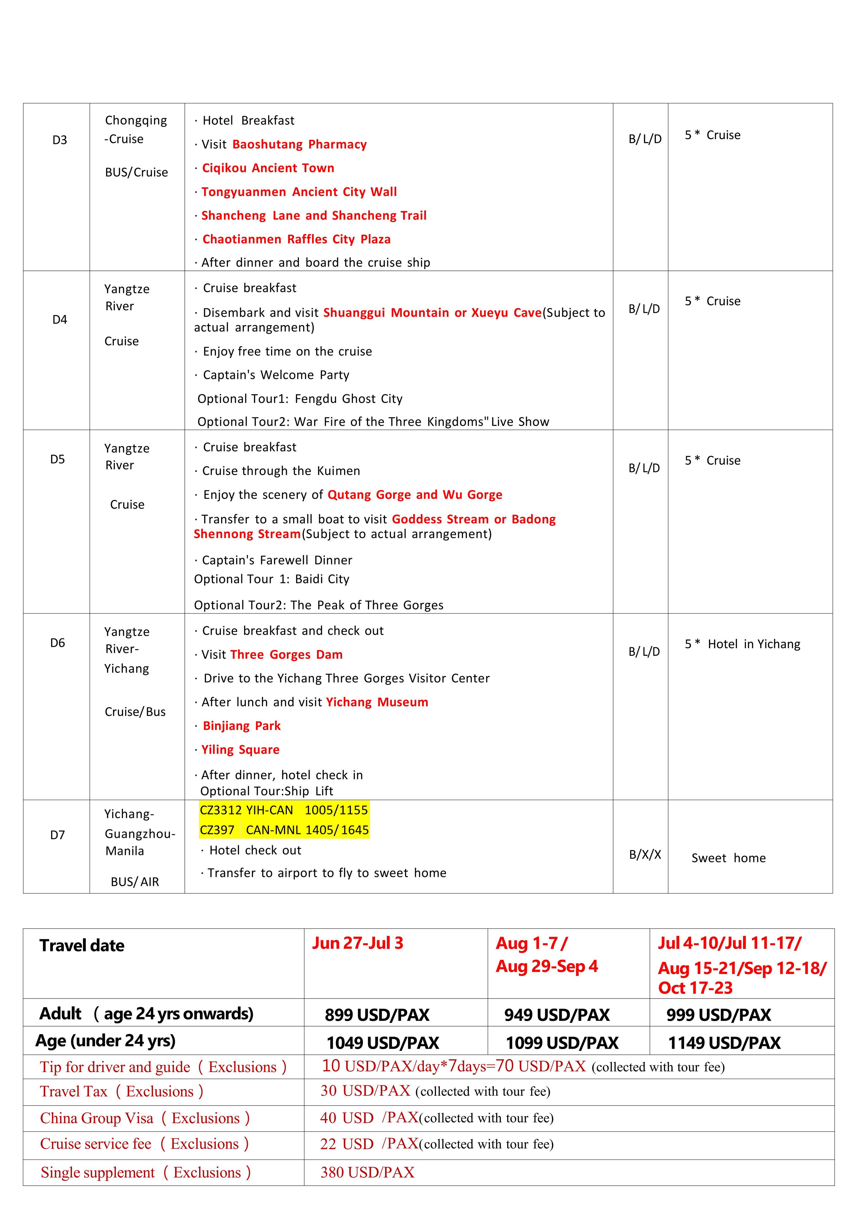 Manlia-Chongqing+Yangtze River +Yichang(Via Guangzhou) 7D6N,2026: AS LOW AS $899/PAX itinerary