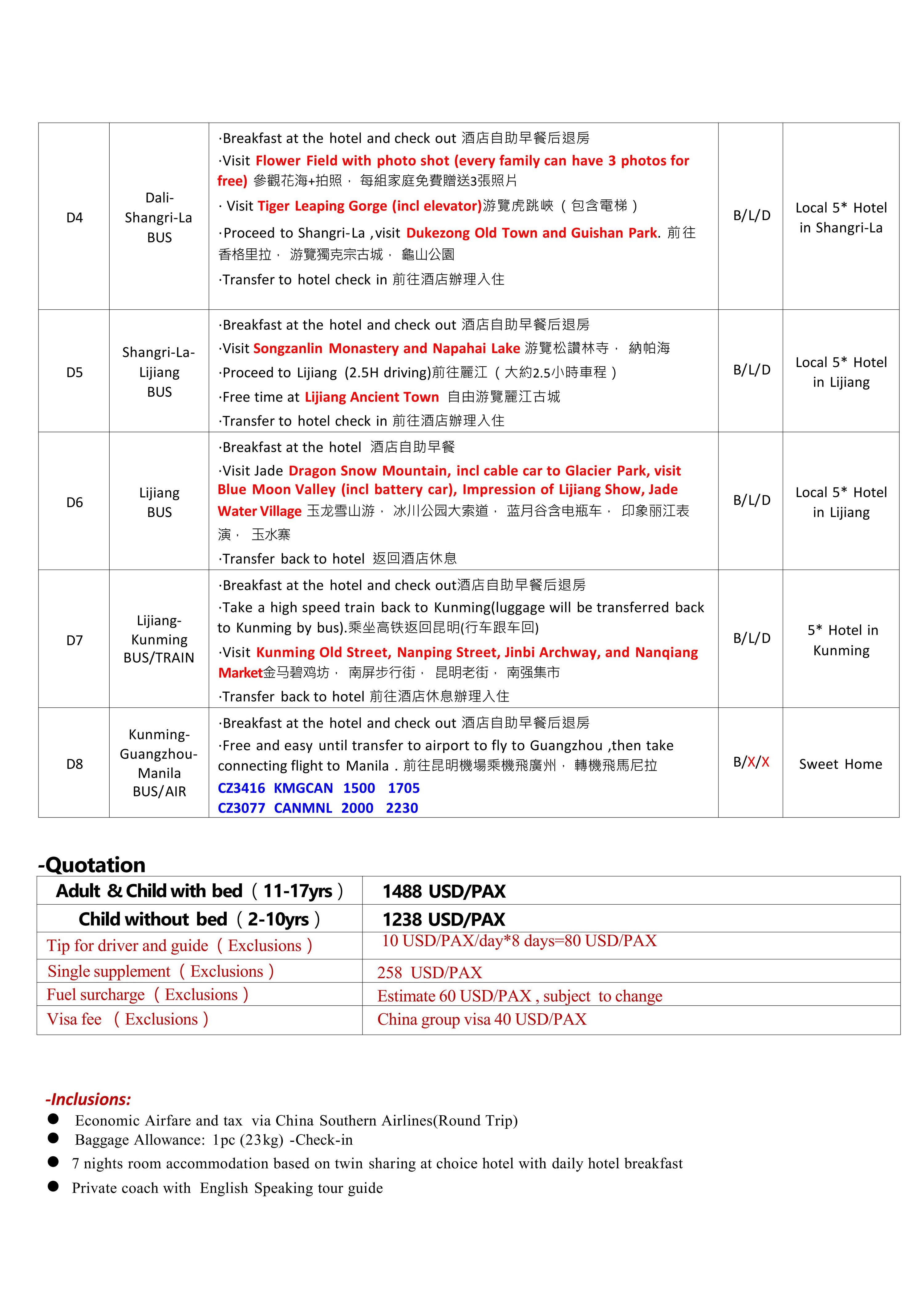 Charming Yunnan 8D7N Tour 2026: AS LOW AS $1488/PAX itinerary