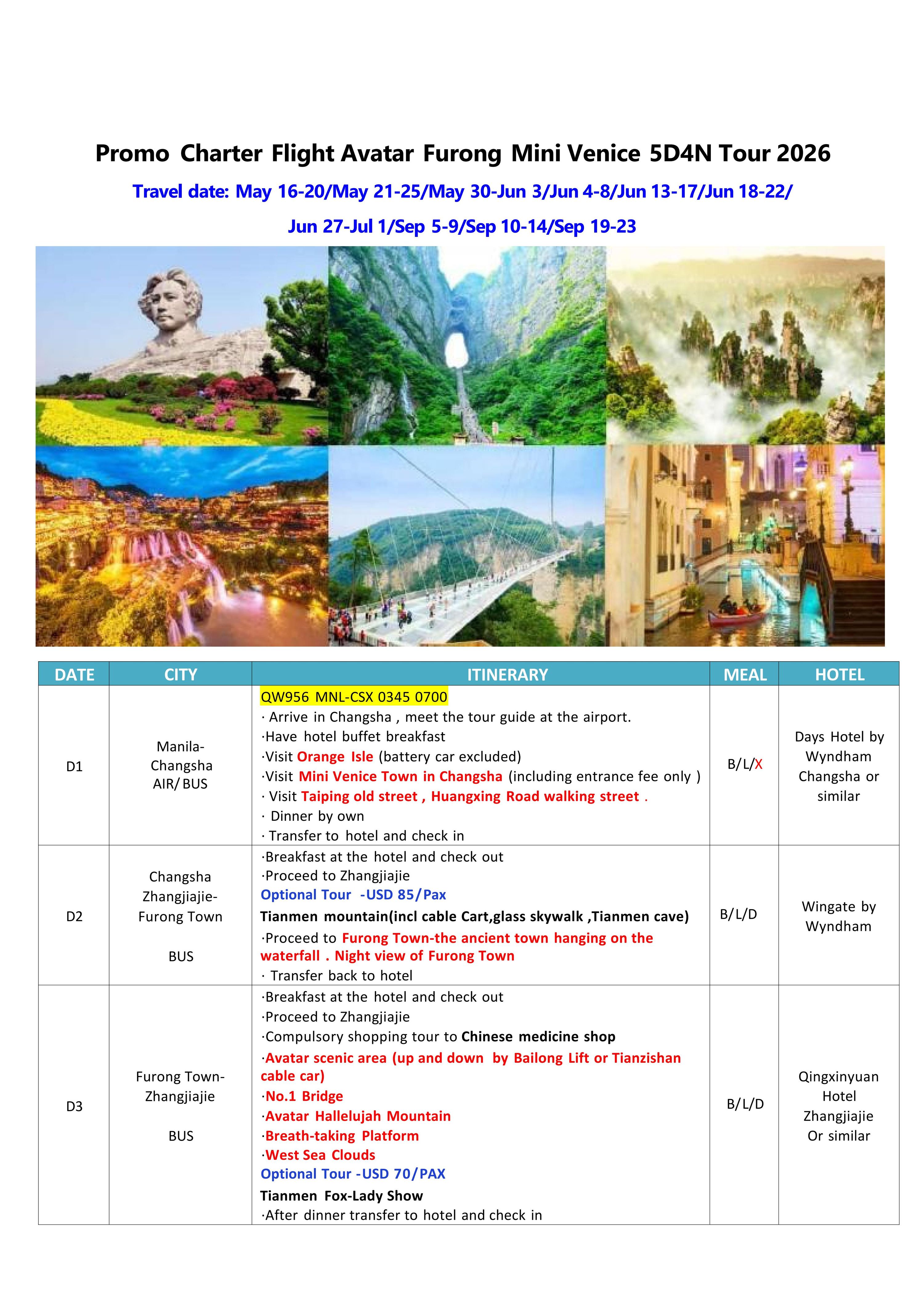 Promo Charter Flight Avatar Furong Mini Venice 5D4N Tour 2026: AS LOW AS $369/PAX itinerary