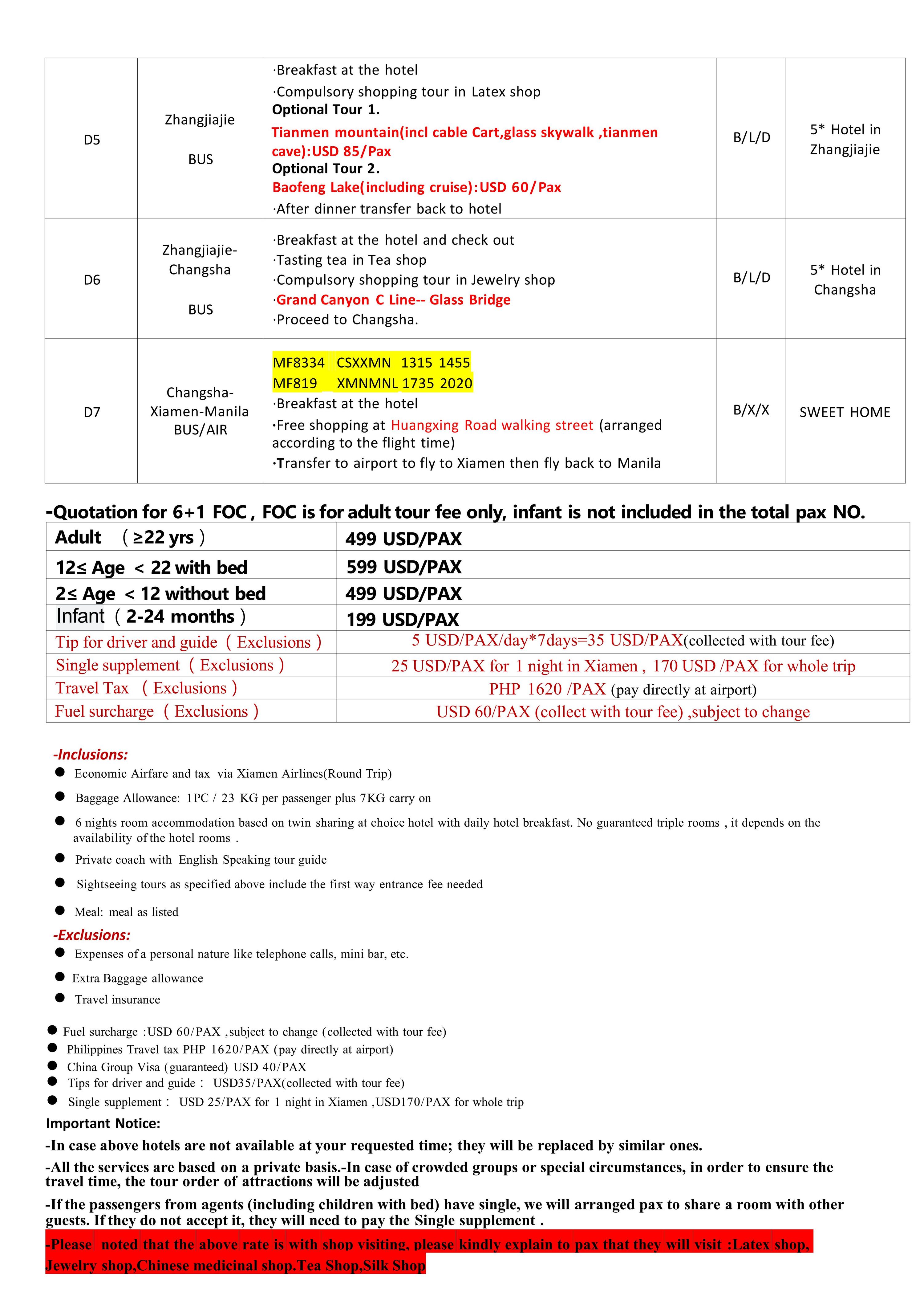 Avatar Furong (via Xiamen) 7D6N Tour,2026: AS LOW AS $499/PAX itinerary