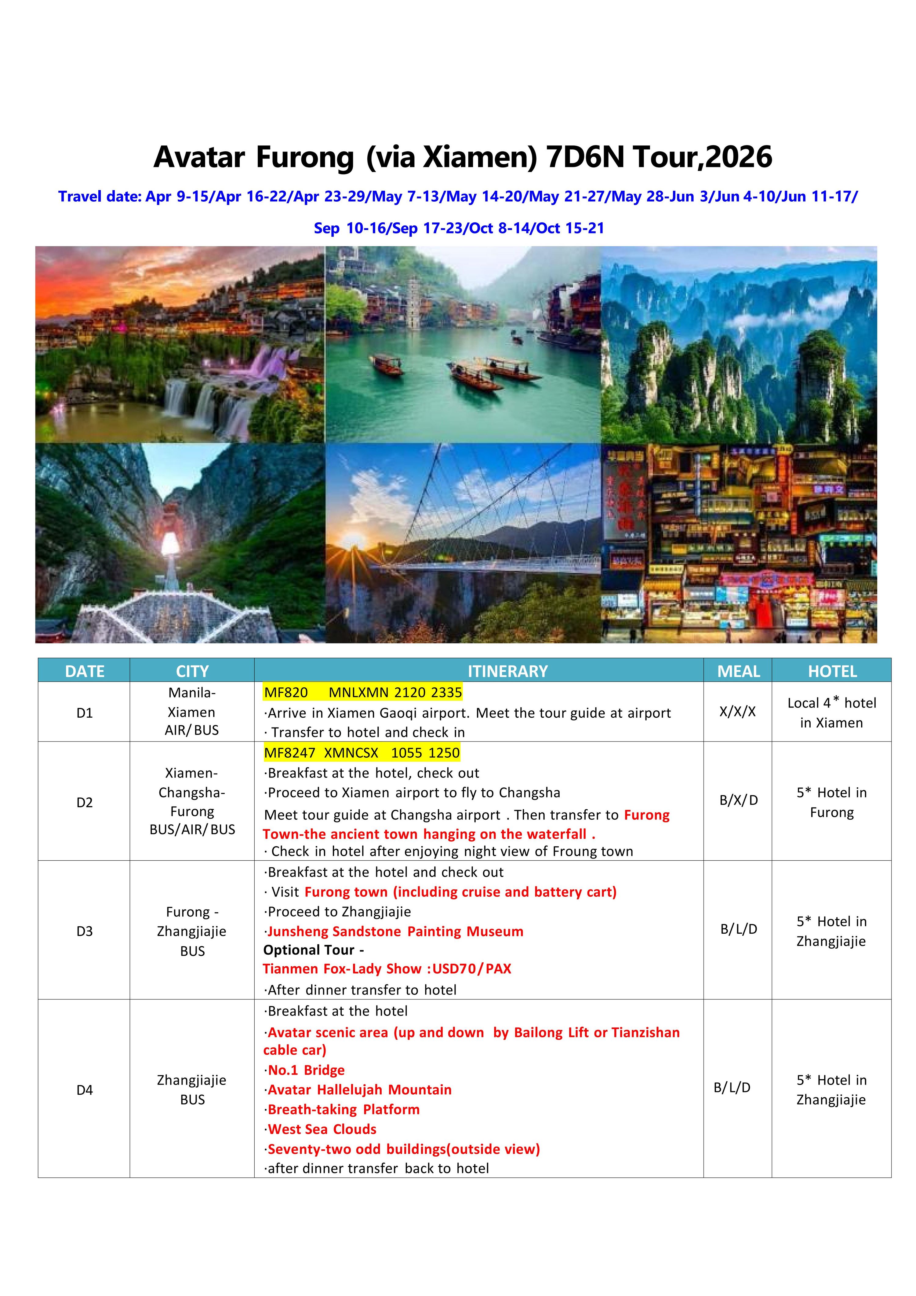 Avatar Furong (via Xiamen) 7D6N Tour,2026: AS LOW AS $499/PAX itinerary