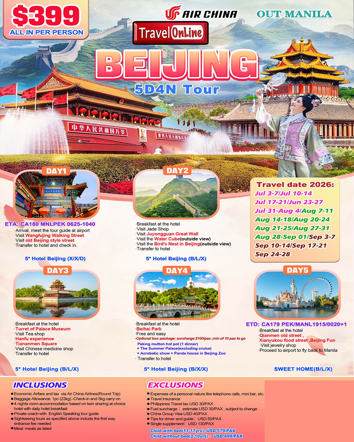 Beijing 5D4N Tour(CA),2026: AS LOW AS $399/PAX promo image