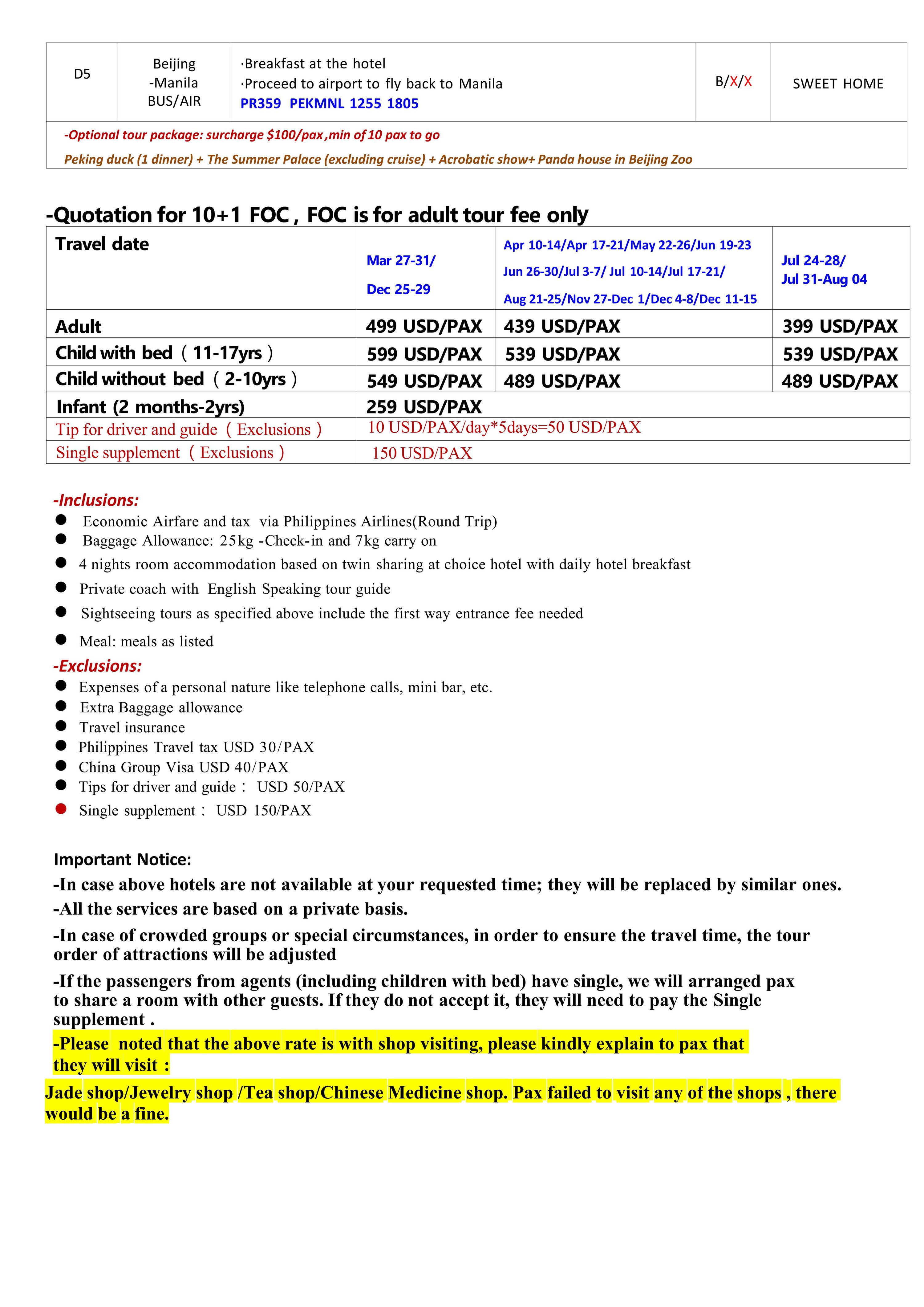 Beijing 5D4N , 2026 : AS LOW AS $399/PAX itinerary