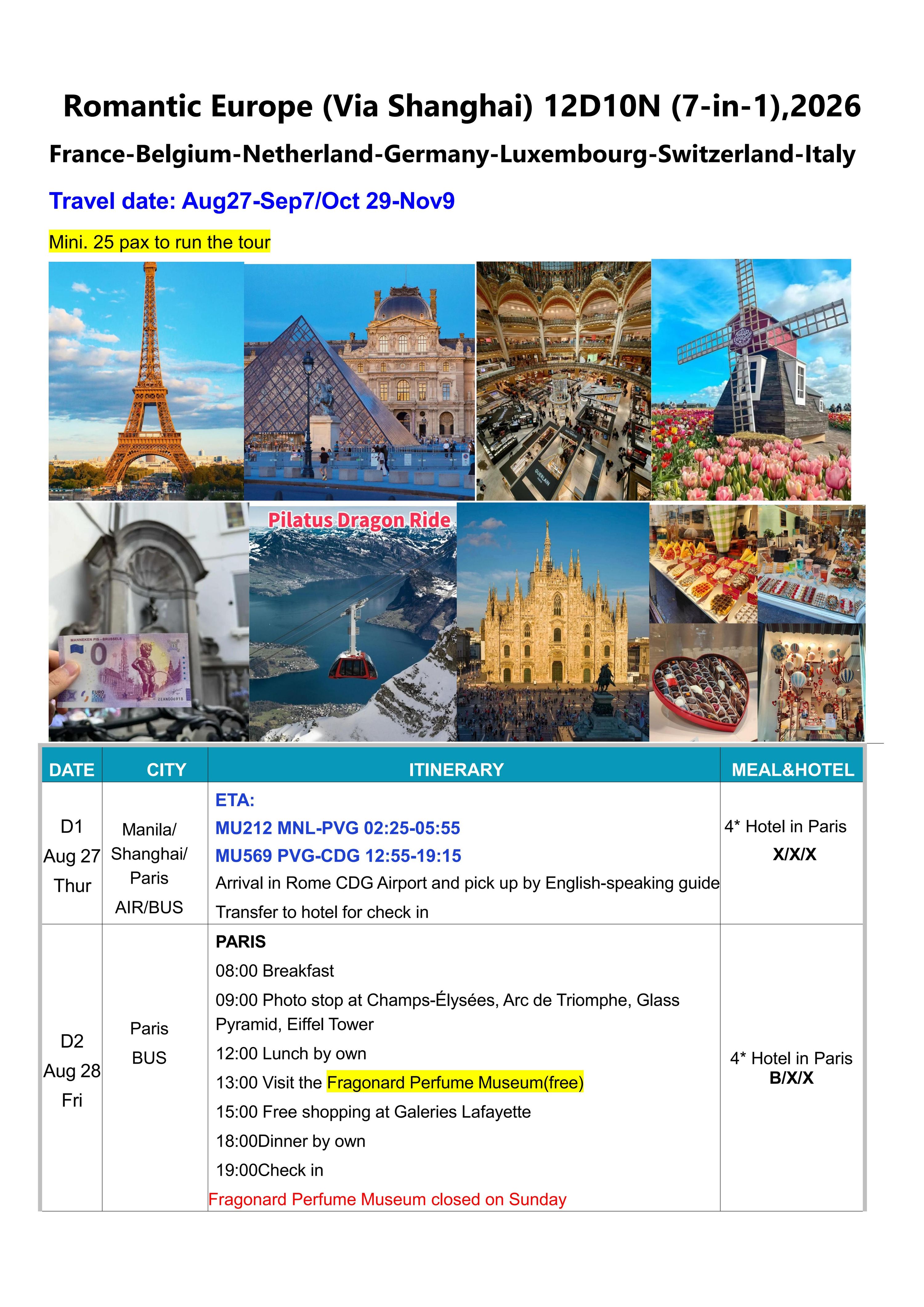 Romantic Europe (Via Shanghai) 12D10N(7 countries),2026: AS LOW AS $3788/PAX