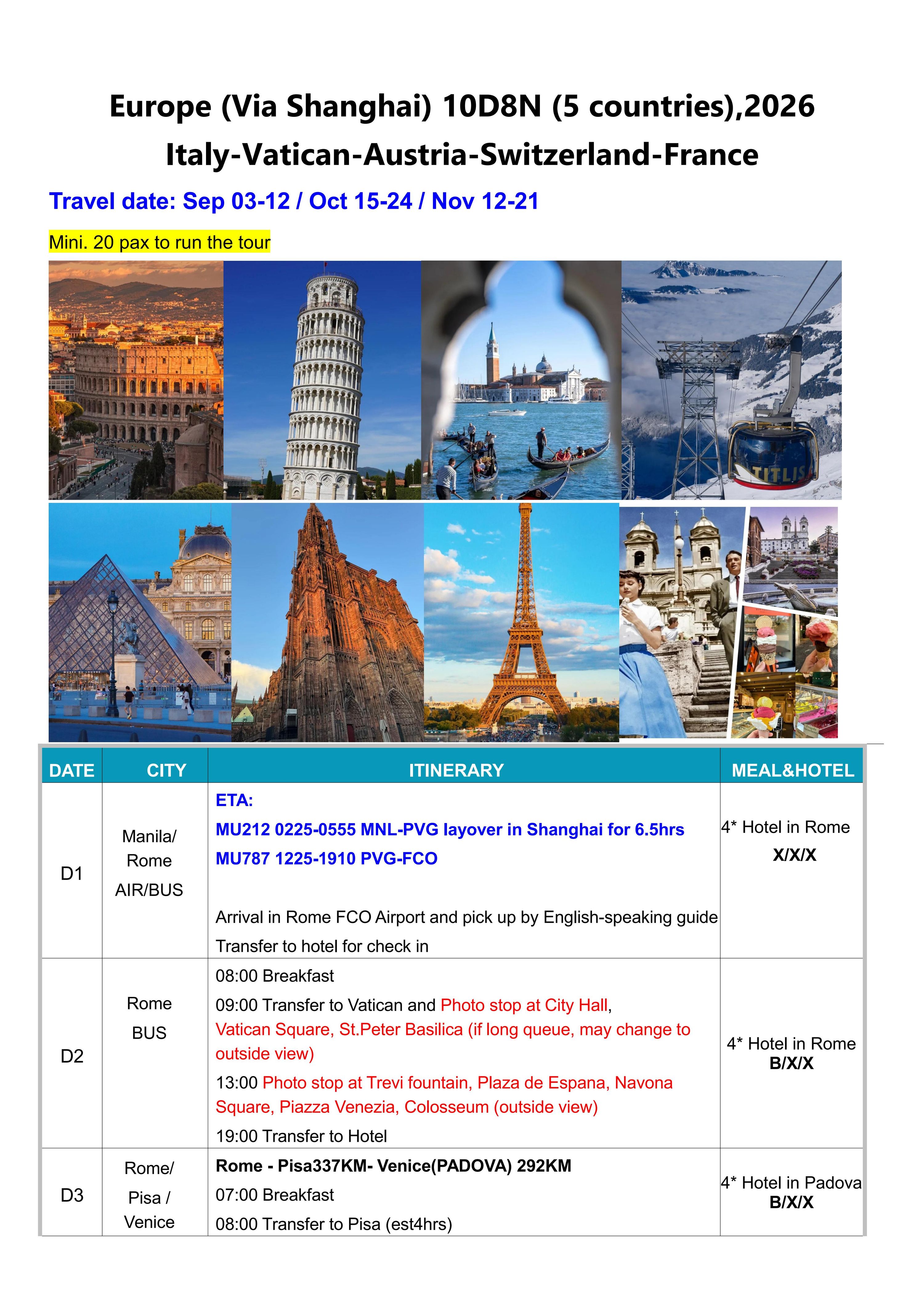 Western Europe (Via Shanghai)- (5 countries) 10D8N ,2026: AS LOW AS $2999/PAX itinerary