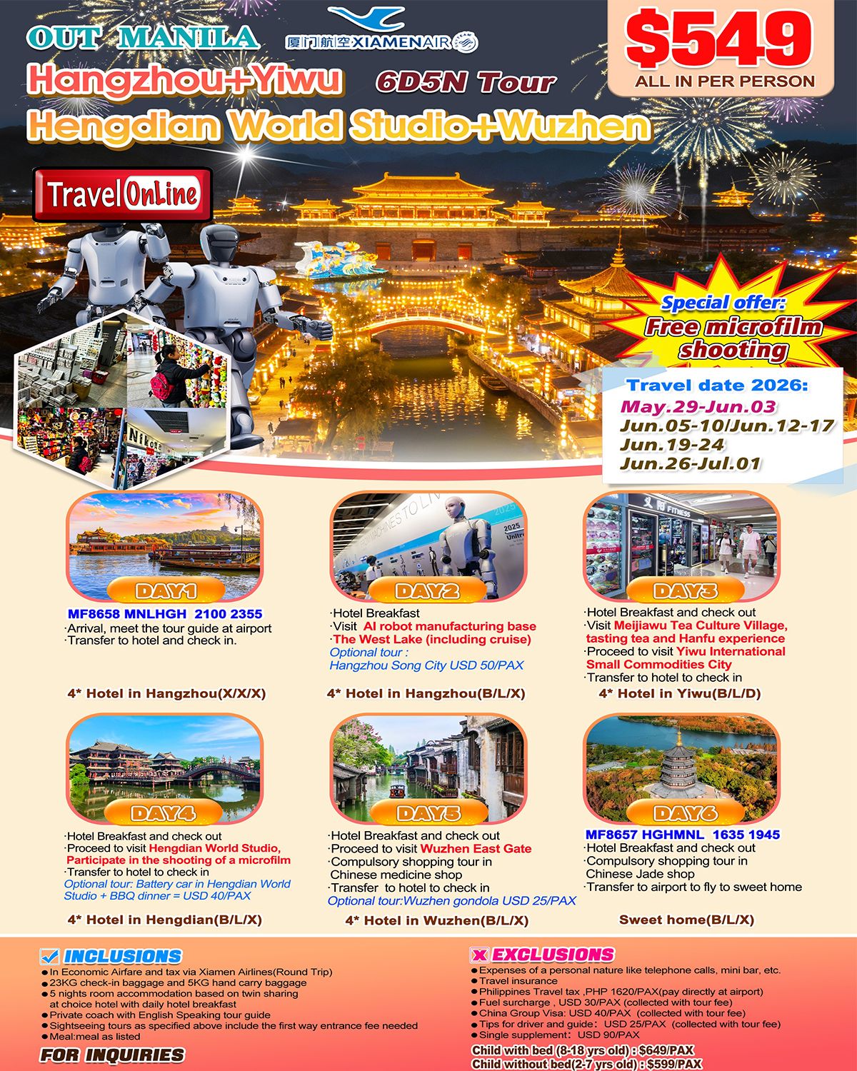 Hangzhou+Yiwu+Hengdian World Studio+Wuzhen 6D5N Tour,2026: AS LOW AS $549/PAX promo image