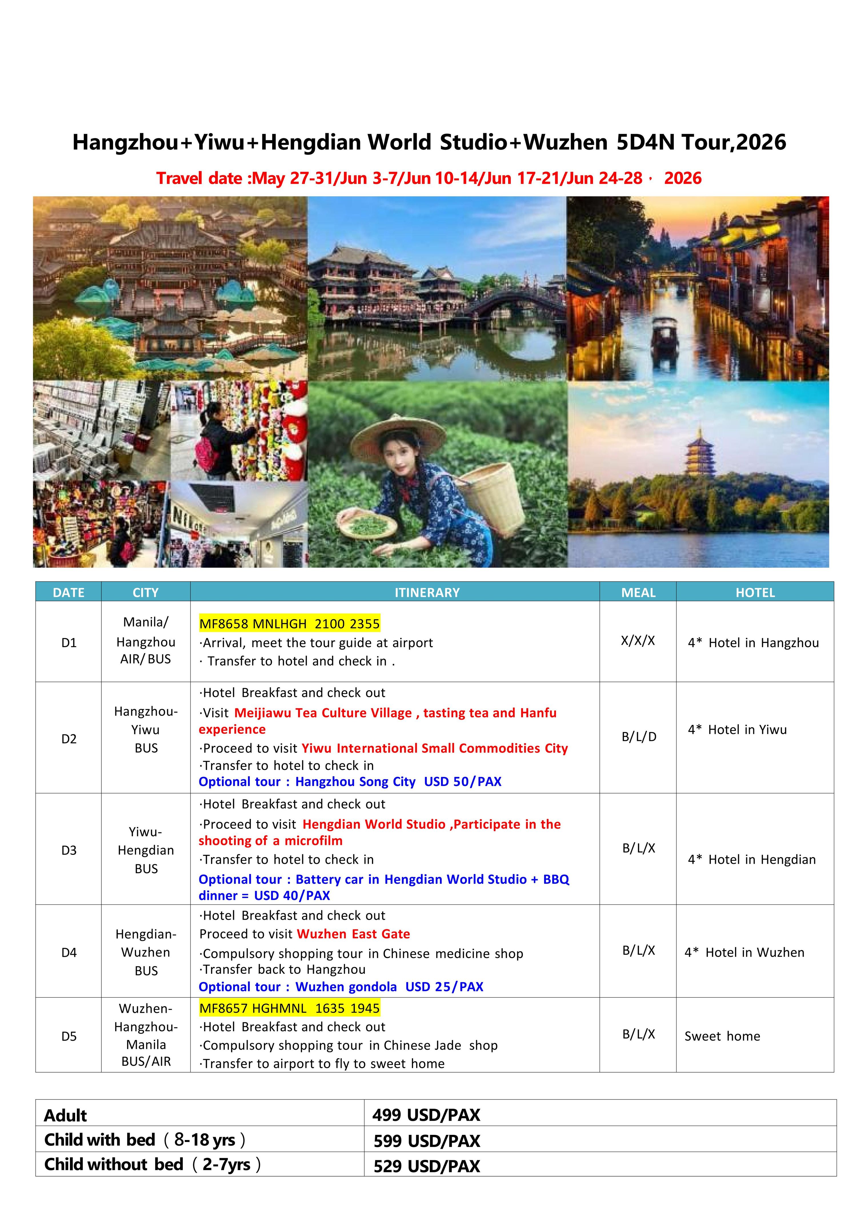 Hangzhou+Yiwu+Hengdian World Studio+Wuzhen 6D5N Tour,2026: AS LOW AS $549/PAX itinerary