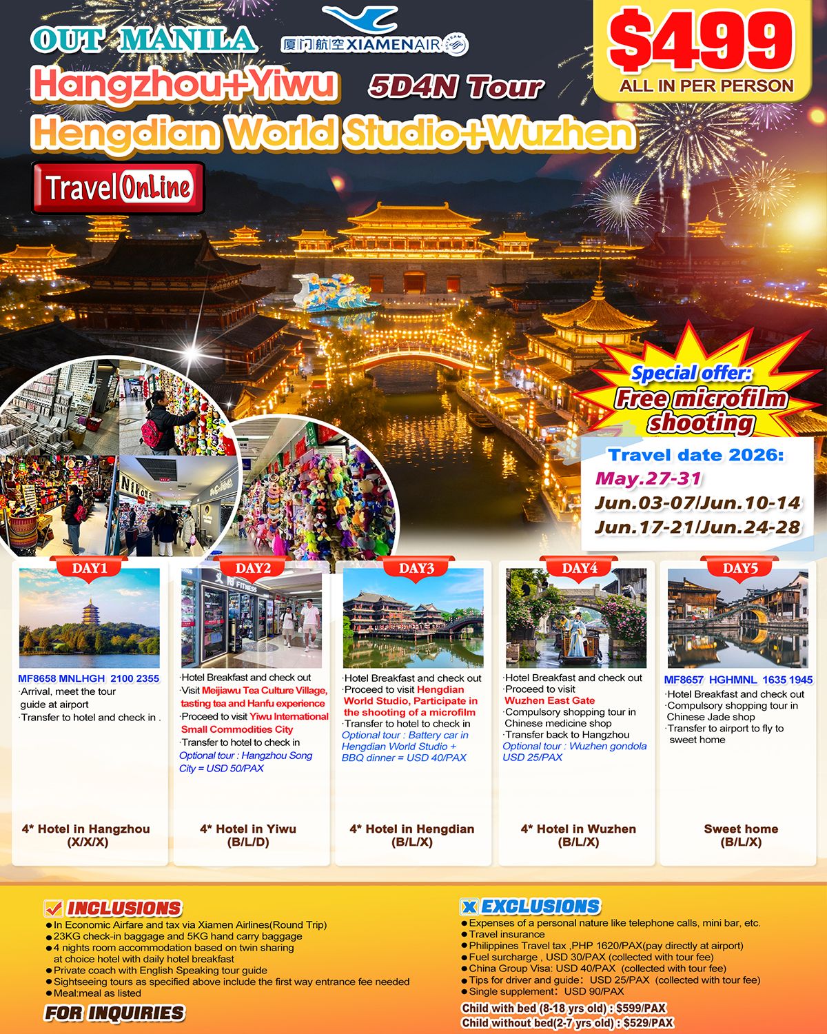 Hangzhou+Yiwu+Hengdian World Studio+Wuzhen 5D4N Tour,2026: AS LOW AS $499/PAX promo image
