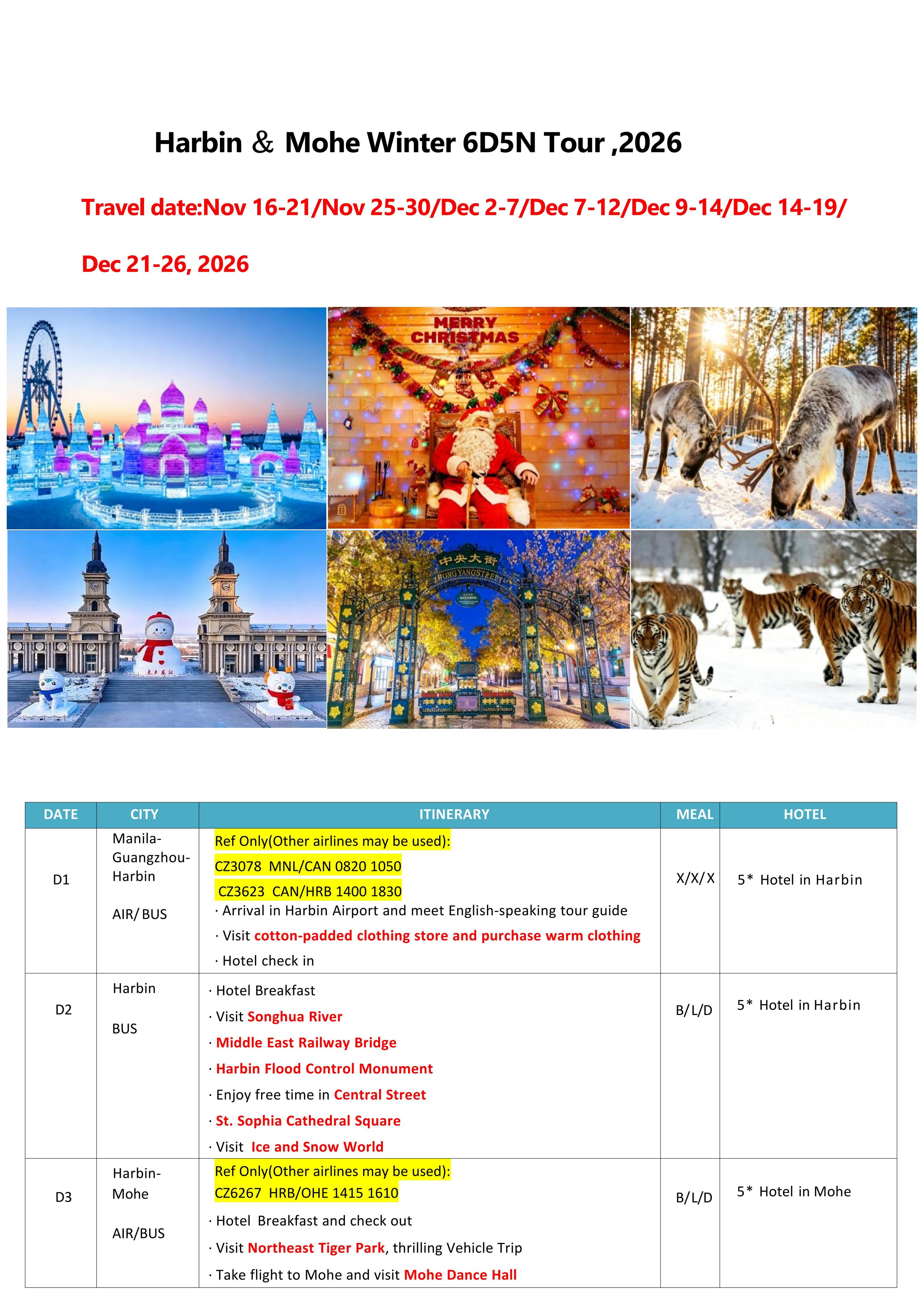 Manila-Harbin(Via Guangzhou)+Mohe 6D5N Tour,2026: AS LOW AS $1799/PAX itinerary