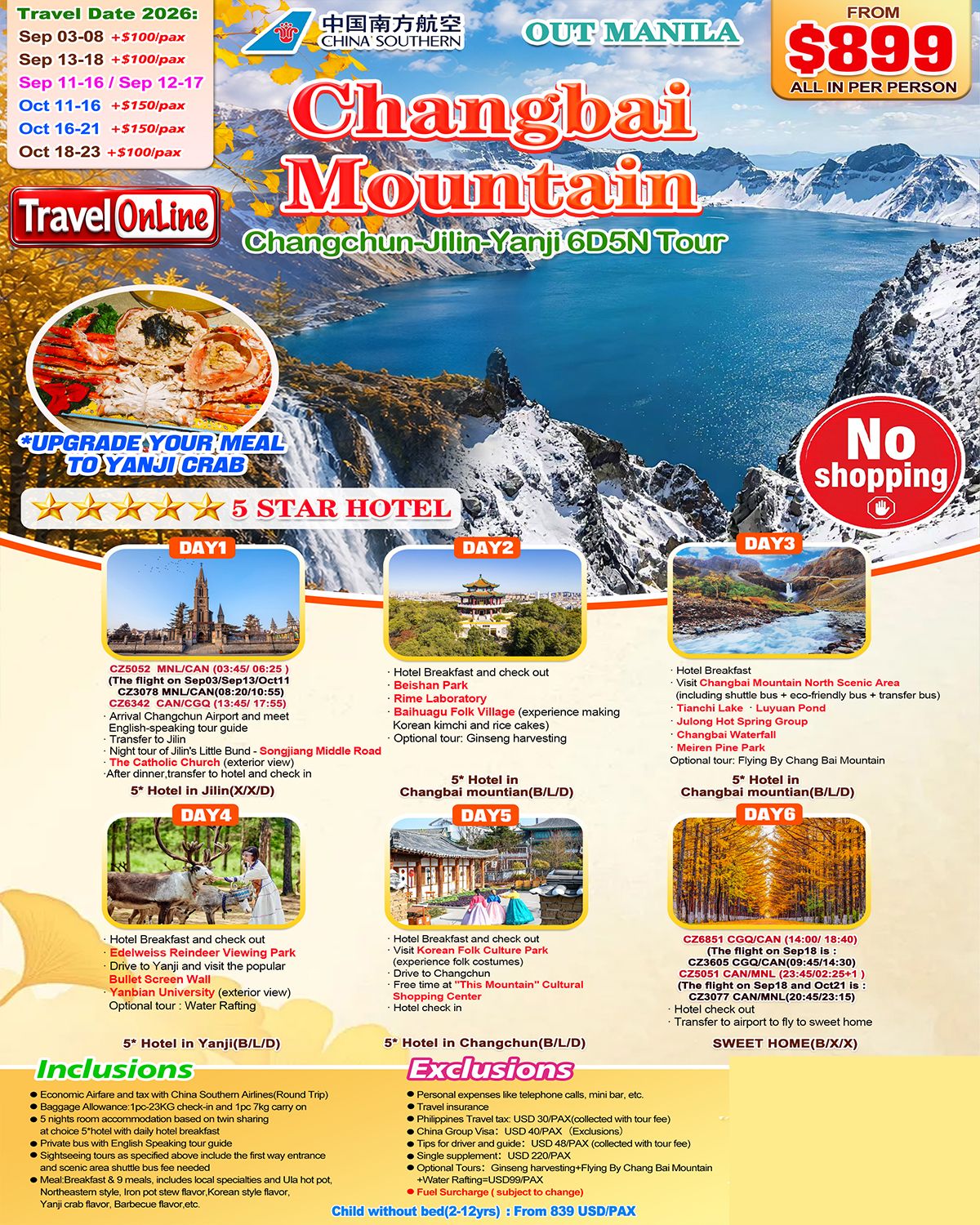 Manila-Changchun,Jilin+Changbai Mountain+Yanji(Via Guangzhou)6D5N,2026: AS LOW AS $999/PAX promo image