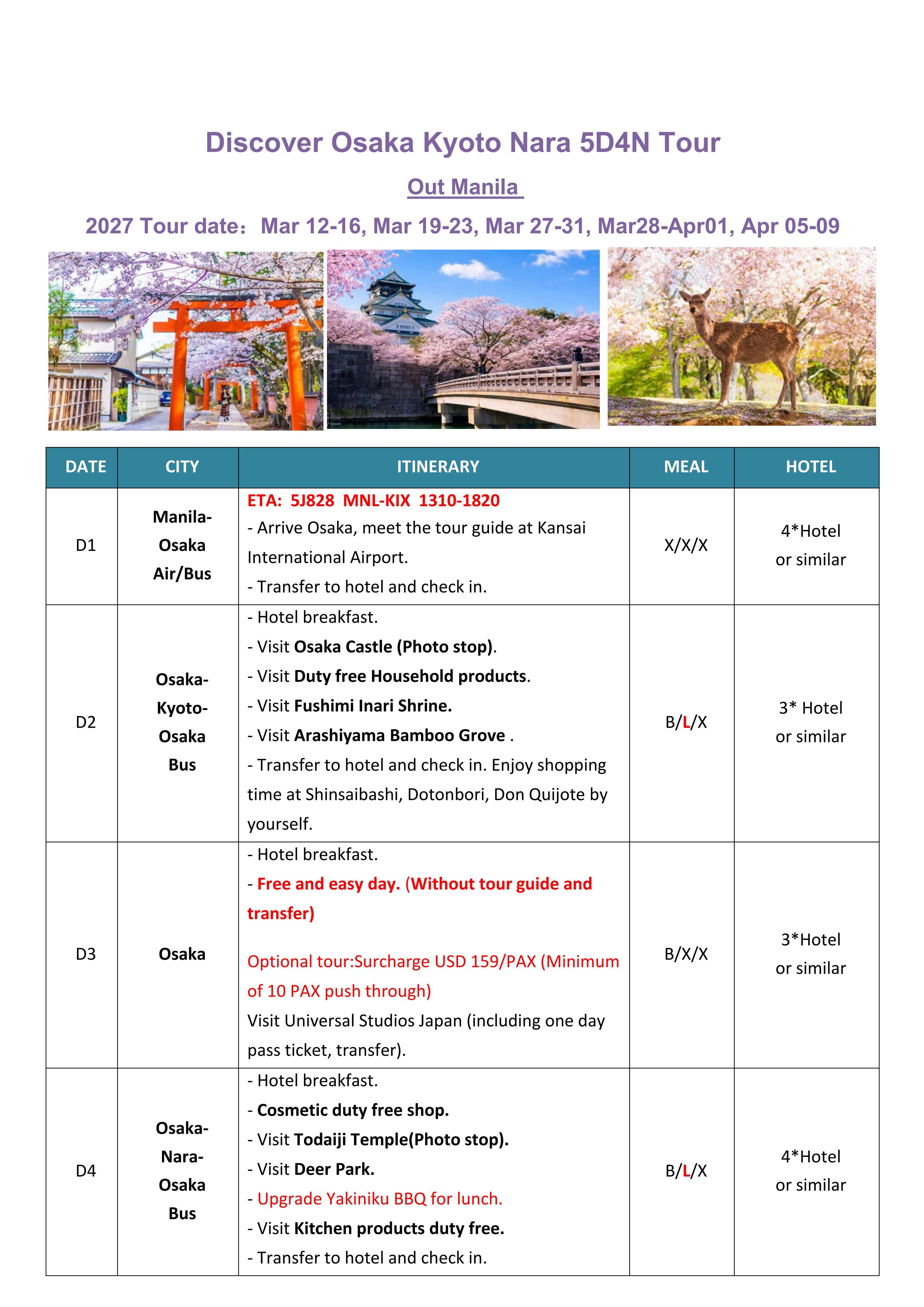 Discover Osaka+Kyoto+Nara 5D4N(3 in 1),2027: AS LOW AS $899/PAX itinerary