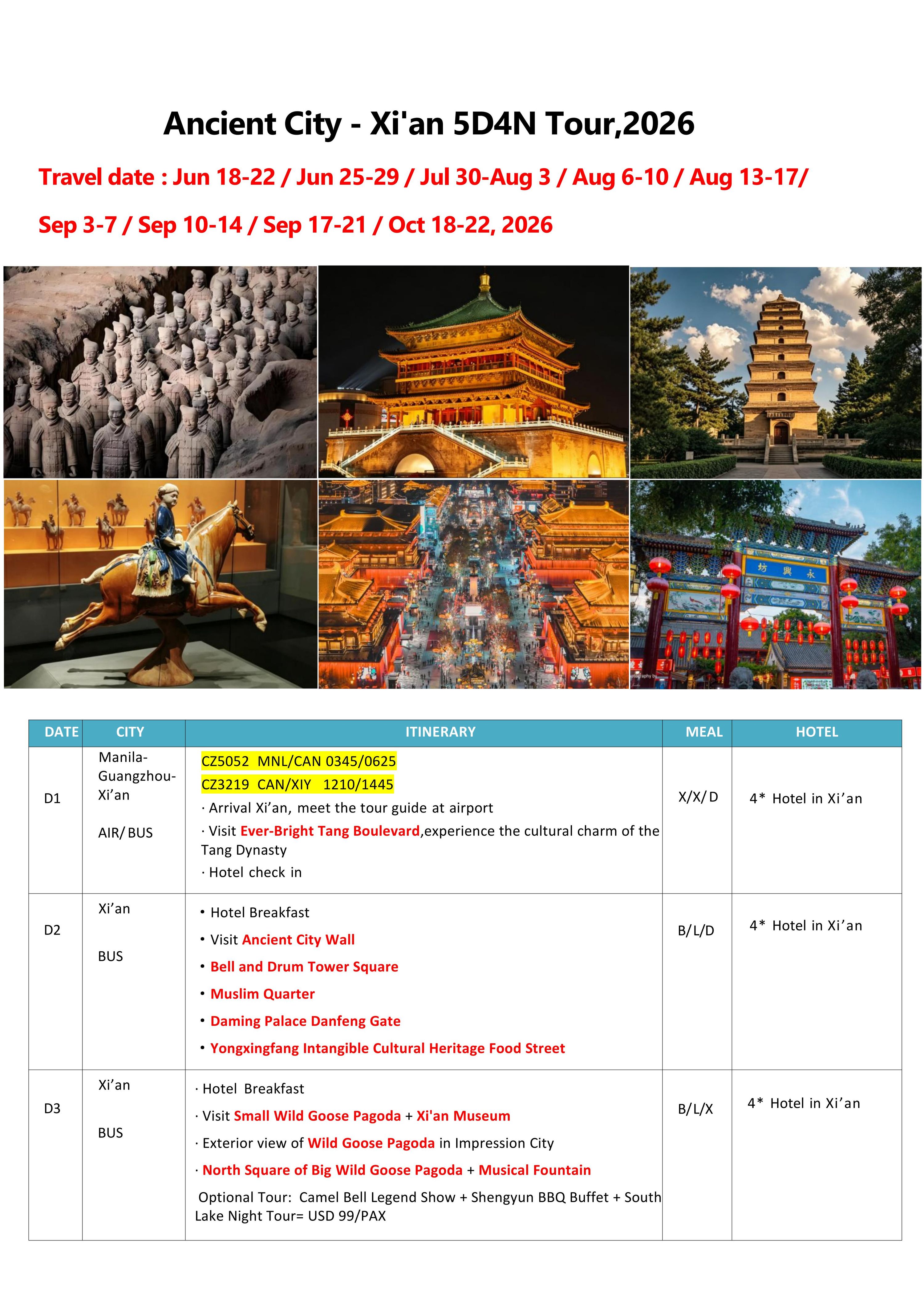 Manila-Xi'an（via Guangzhou) 5D4N Tour,2026: AS LOW AS $649/PAX itinerary