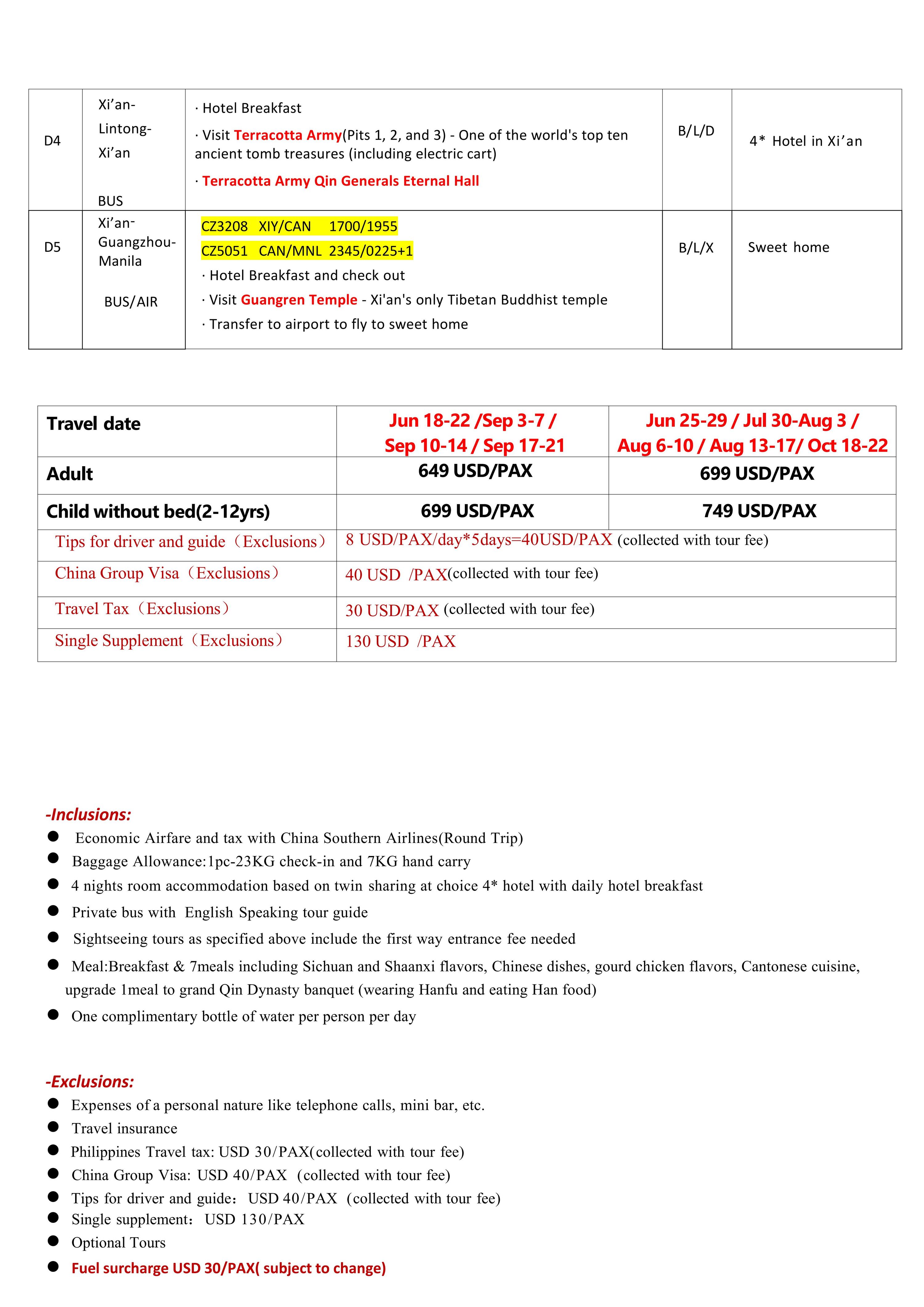 Manila-Xi'an（via Guangzhou) 5D4N Tour,2026: AS LOW AS $649/PAX itinerary