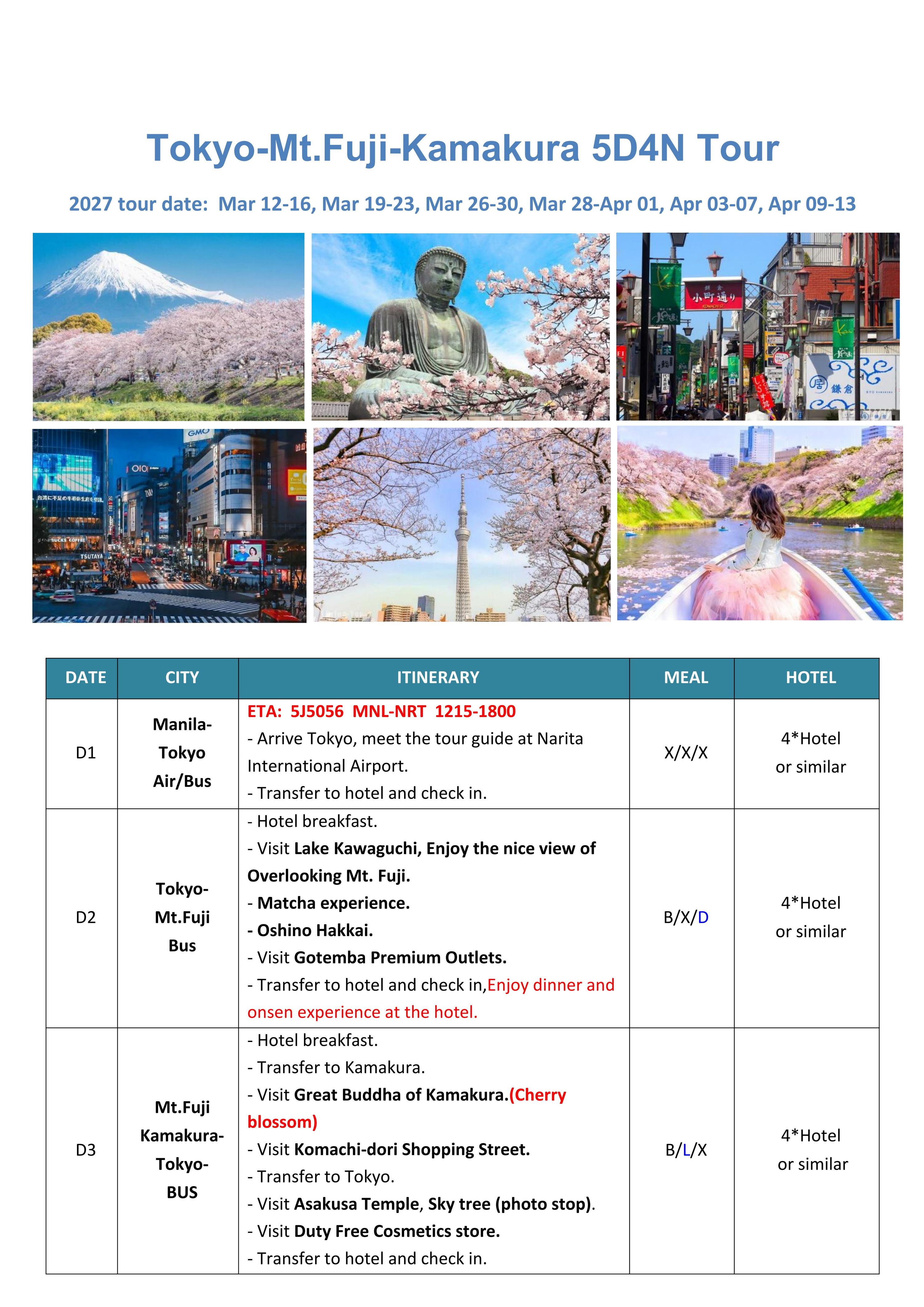 Tokyo-Mt.Fuji-Kamakura 5D4N, 2027: AS LOW AS $899/PAX itinerary