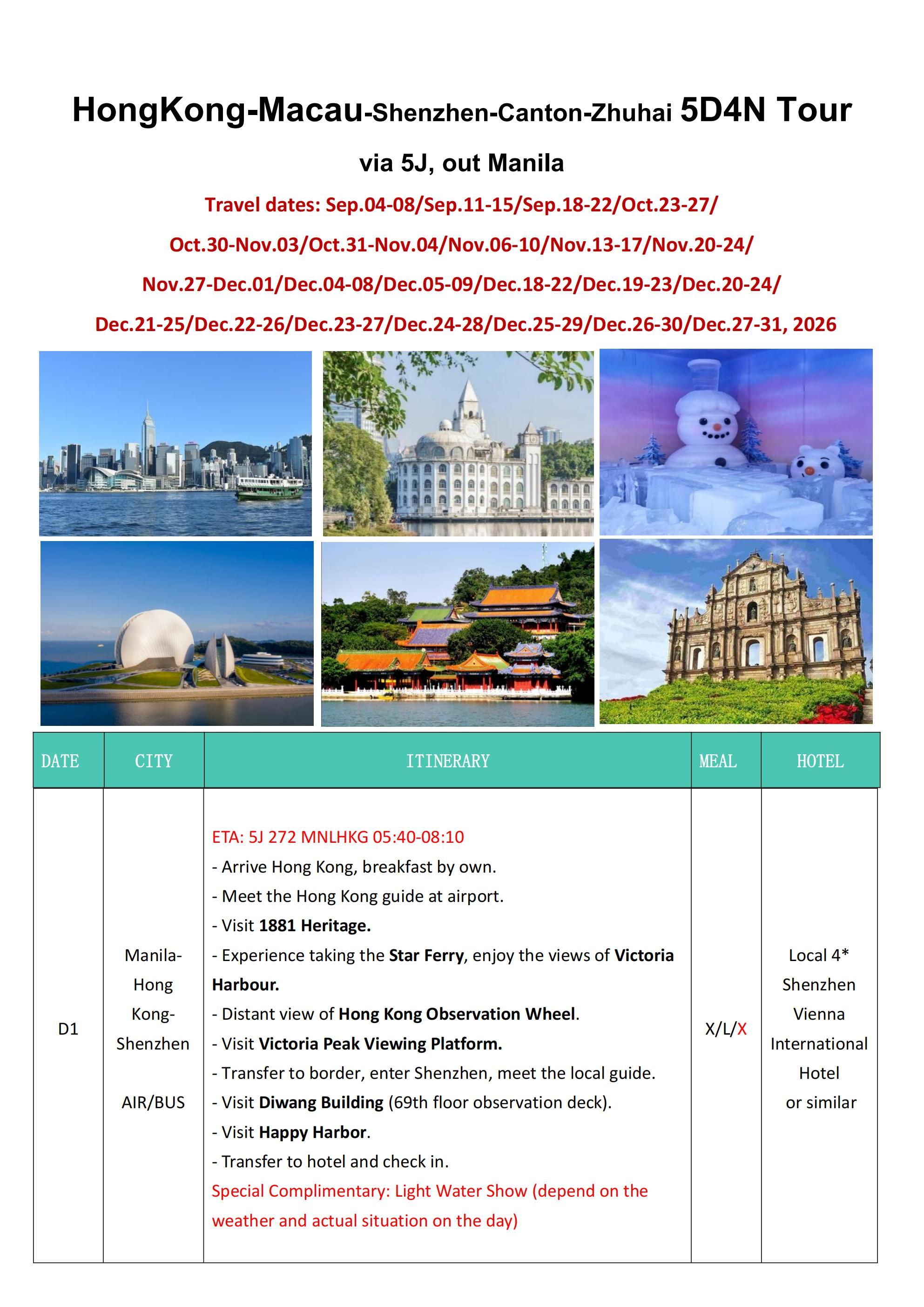 HongKong+Macau+Shenzhen+Canton+Zhuhai 5D4N, 2026: AS LOW AS $328/PAX