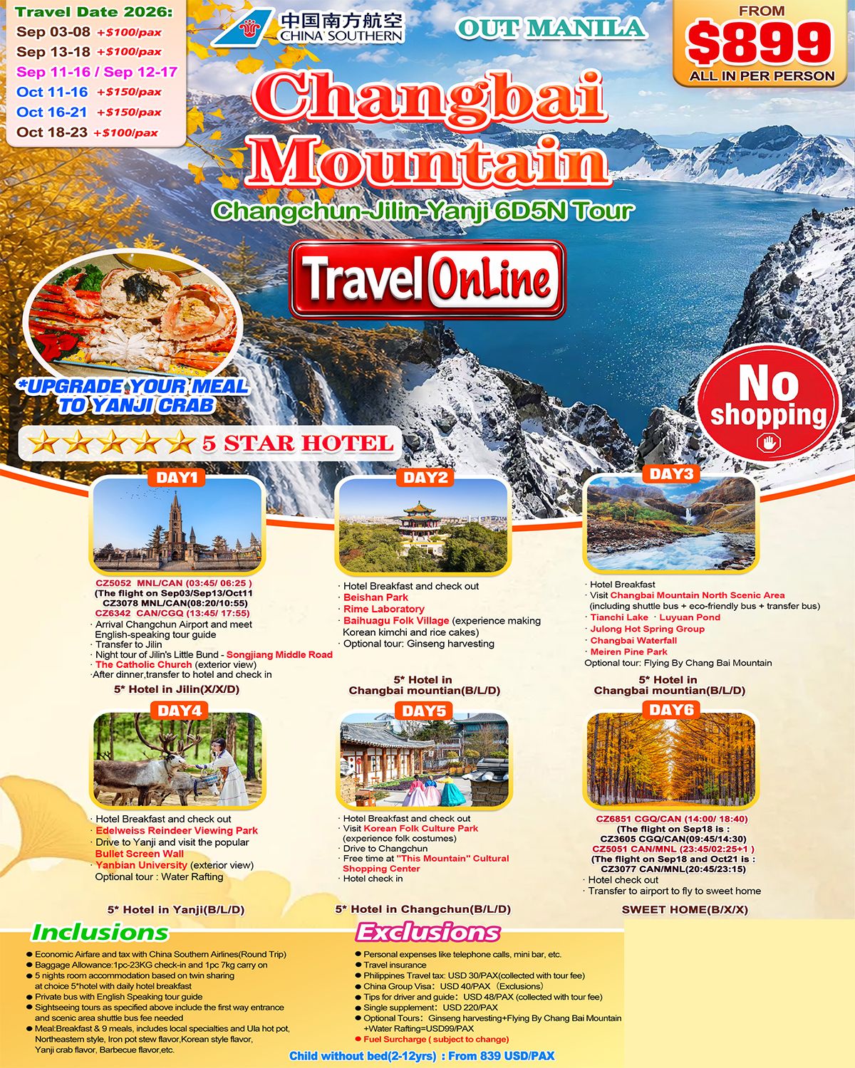 Manila-Changchun,Jilin+Changbai Mountain+Yanji(Via Guangzhou)6D5N,2026: AS LOW AS $899/PAX promo image