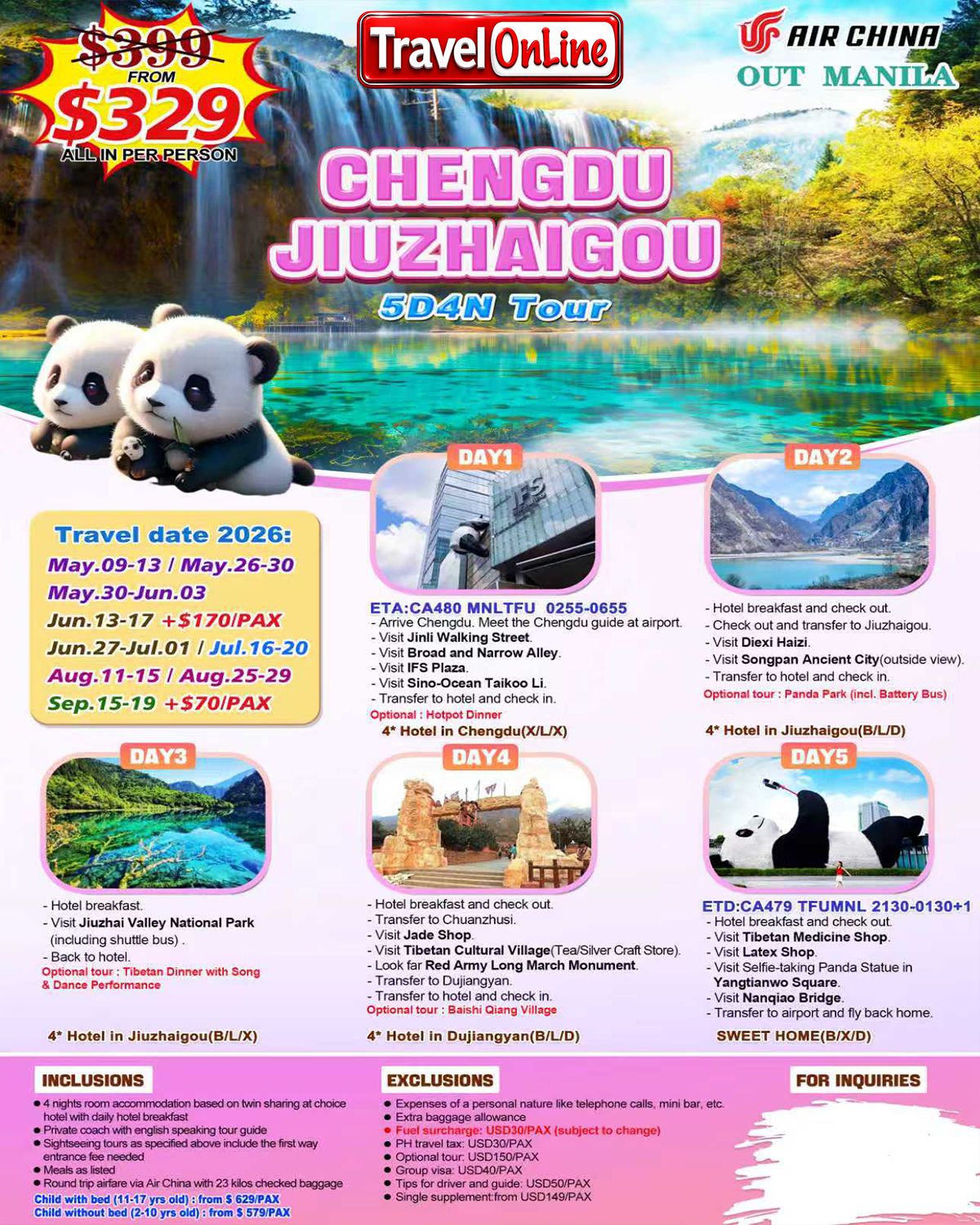 Chengdu+Jiuzhaigou 5D4N (CA), 2026: AS LOW AS $329/PAX promo image