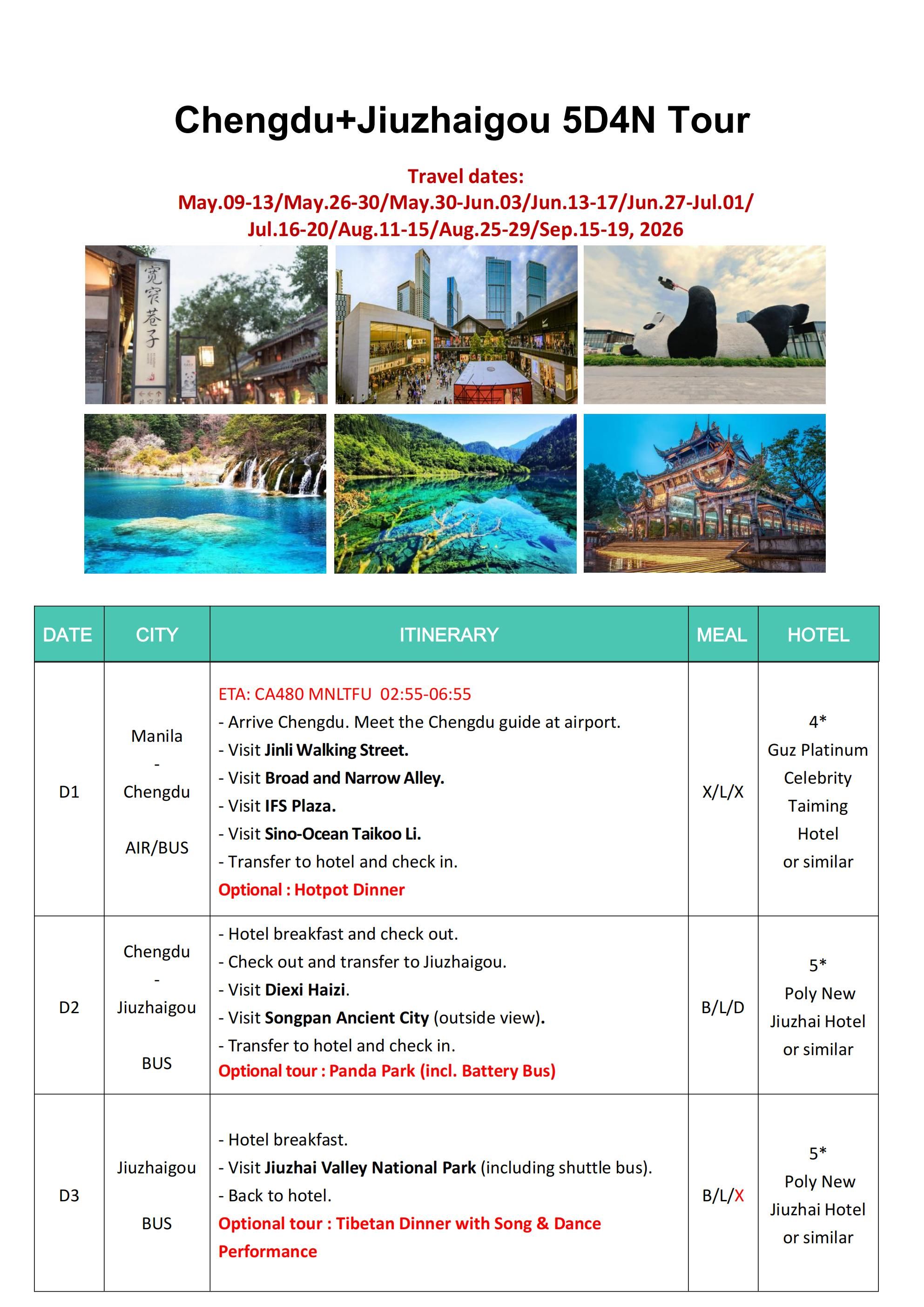 Chengdu+Jiuzhaigou 5D4N (CA), 2026: AS LOW AS $329/PAX itinerary
