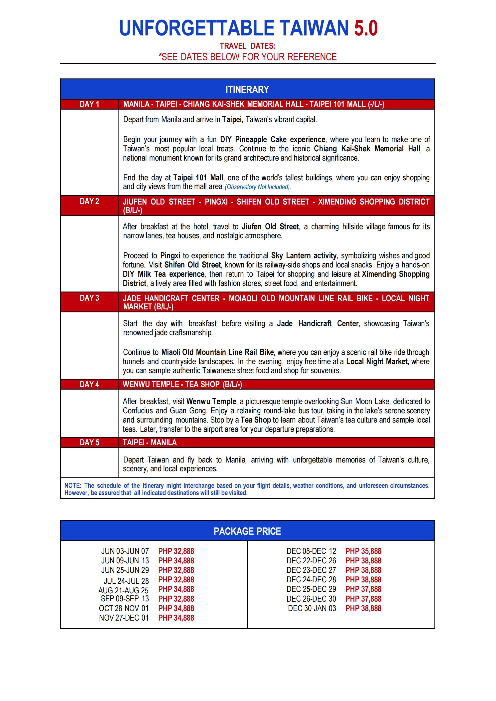 TAIWAN (Unforgettable Taiwan 5.0) 2026: AS LOW AS ₱32888/PAX itinerary