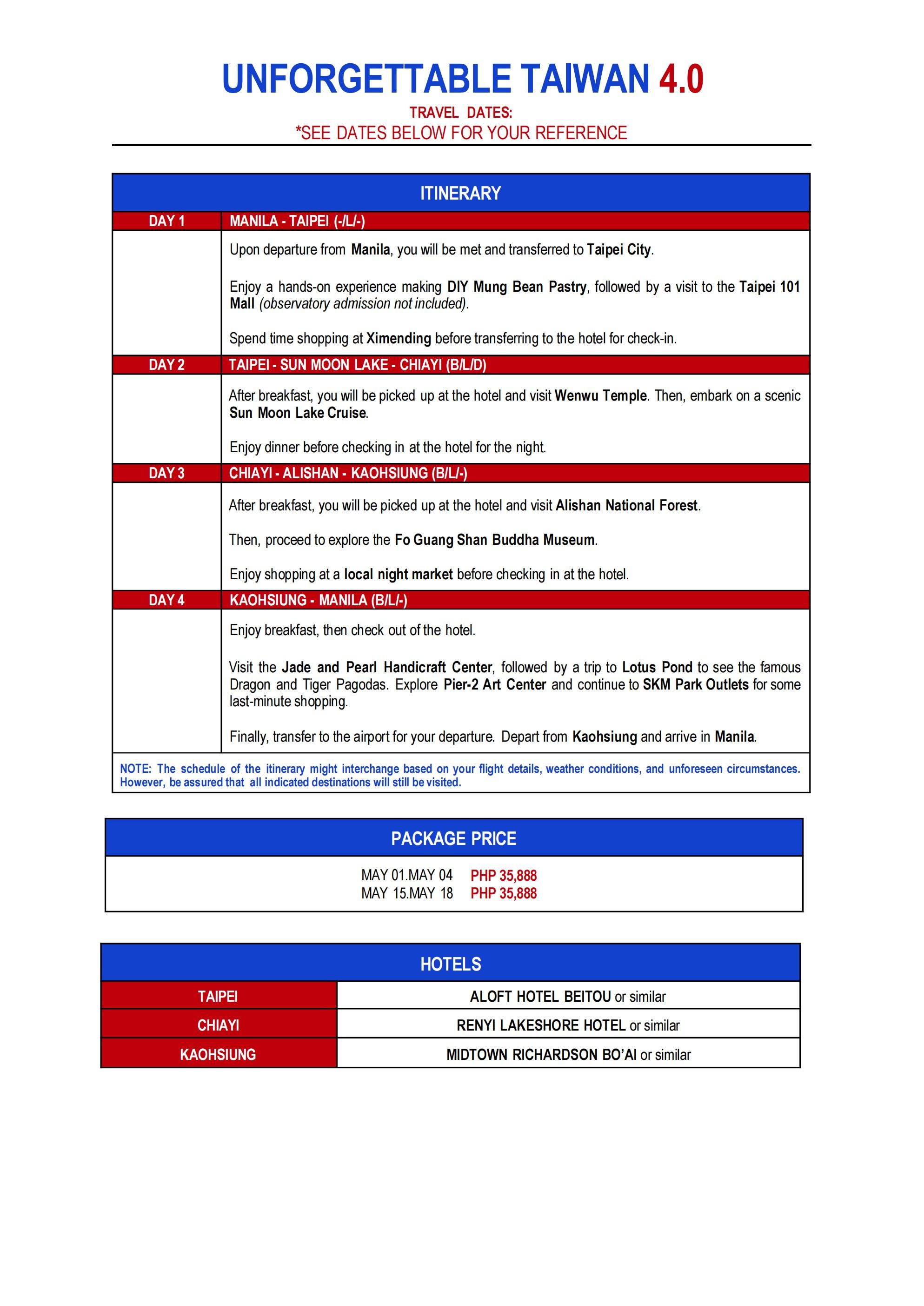 TAIWAN (Unforgettable Taiwan 4.0) 2026: AS LOW AS ₱35888/PAX itinerary