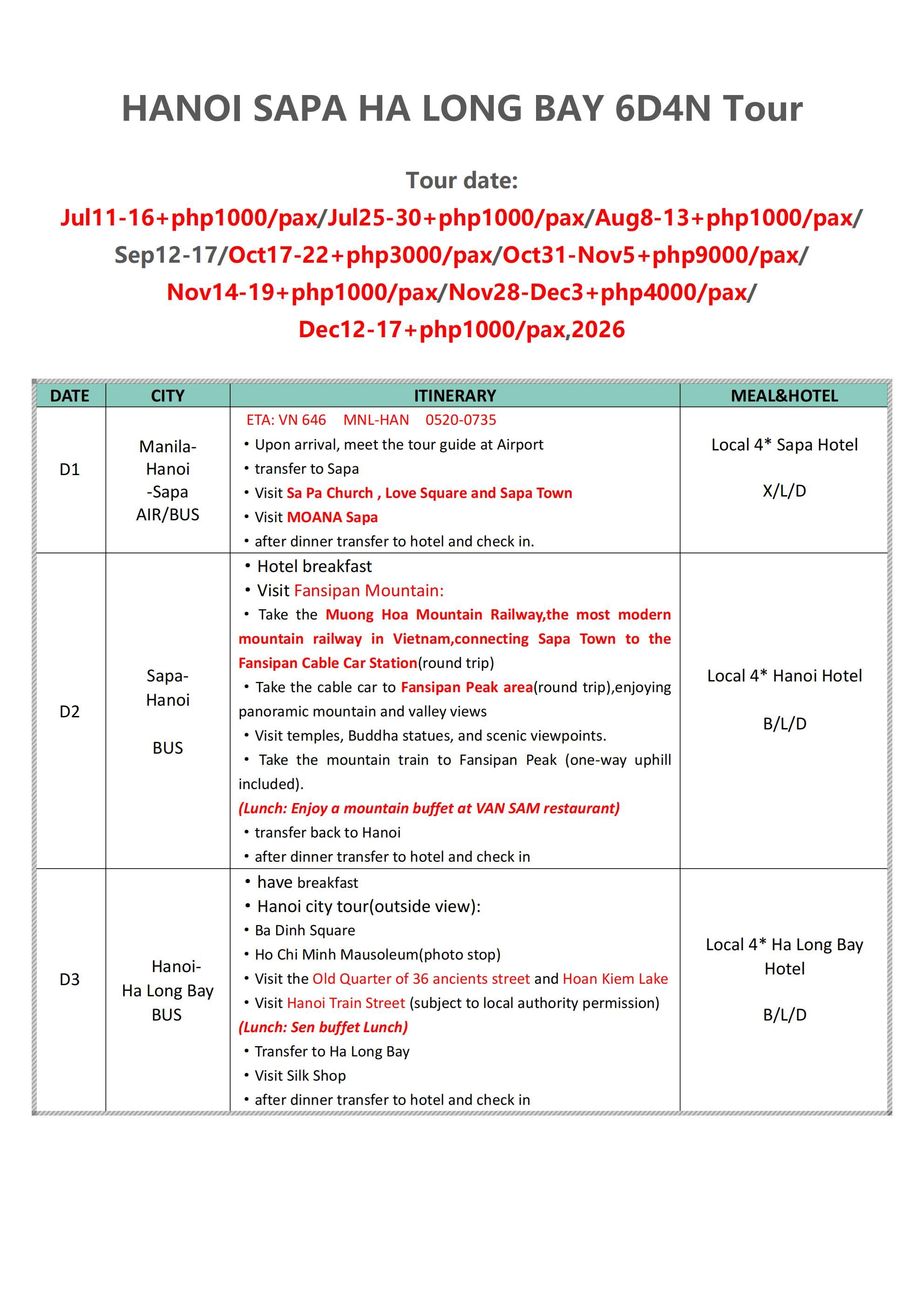 HANOI SAPA HA LONG BAY 6D4N Tour,2026: AS LOW AS ₱37888/PAX itinerary