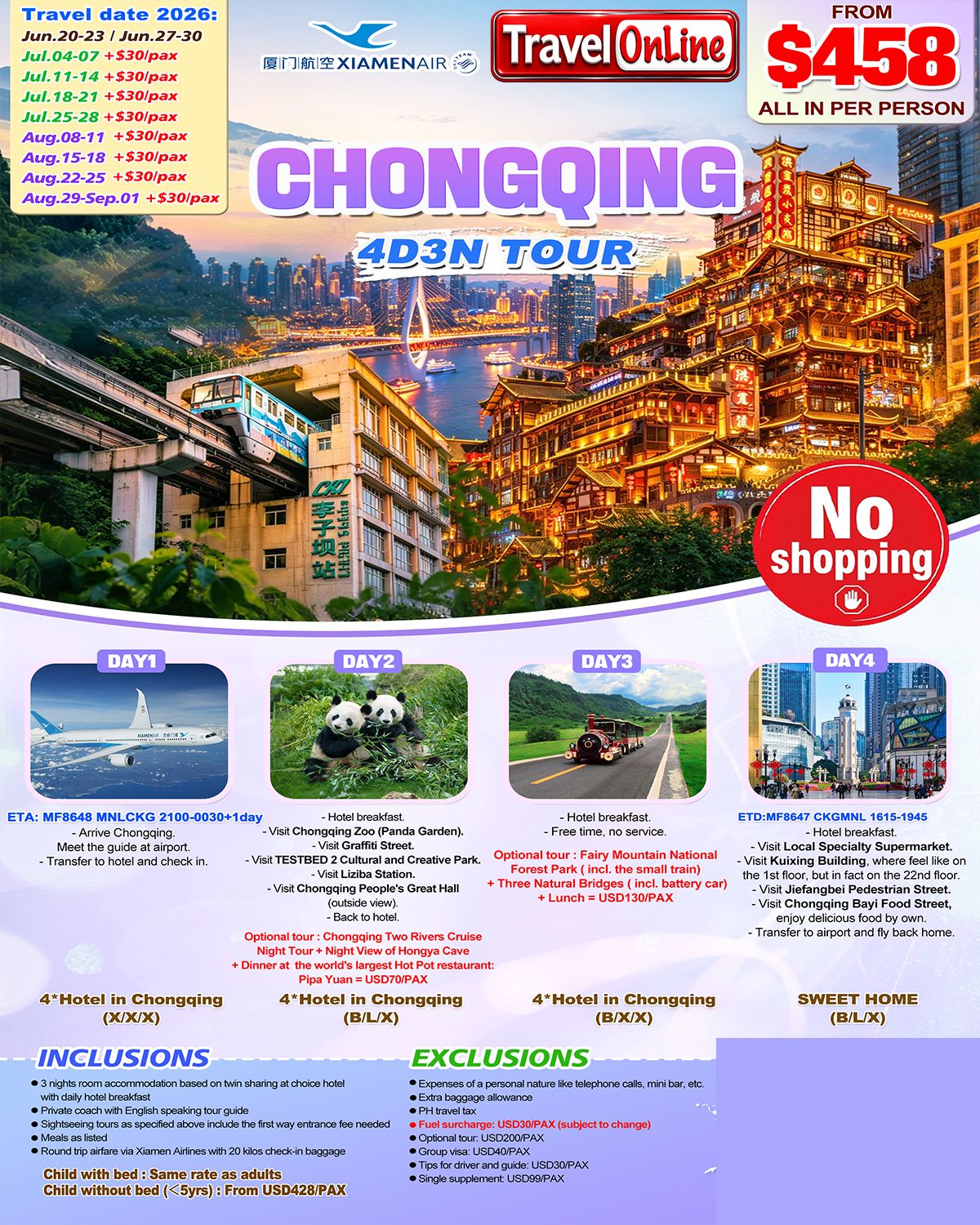 Chongqing 4D3N (MF)，Non-shopping: AS LOW AS $458/PAX promo image
