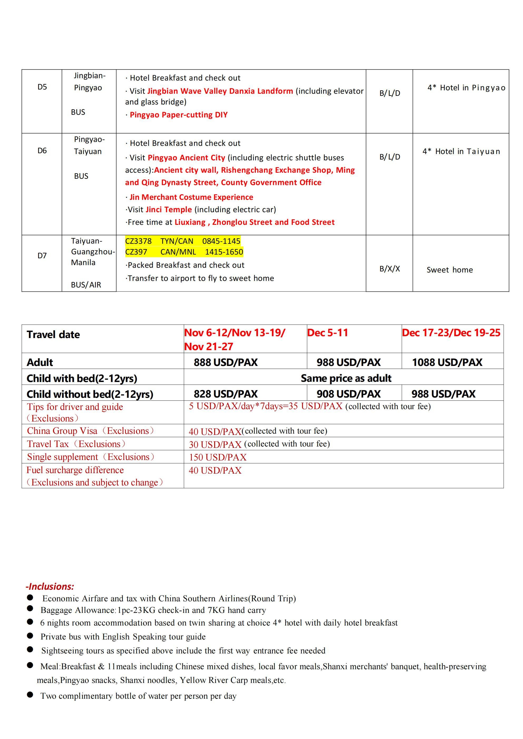 Shaanxi+Shanxi(Via Guangzhou) 7D6N,2026: AS LOW AS $888/PAX itinerary