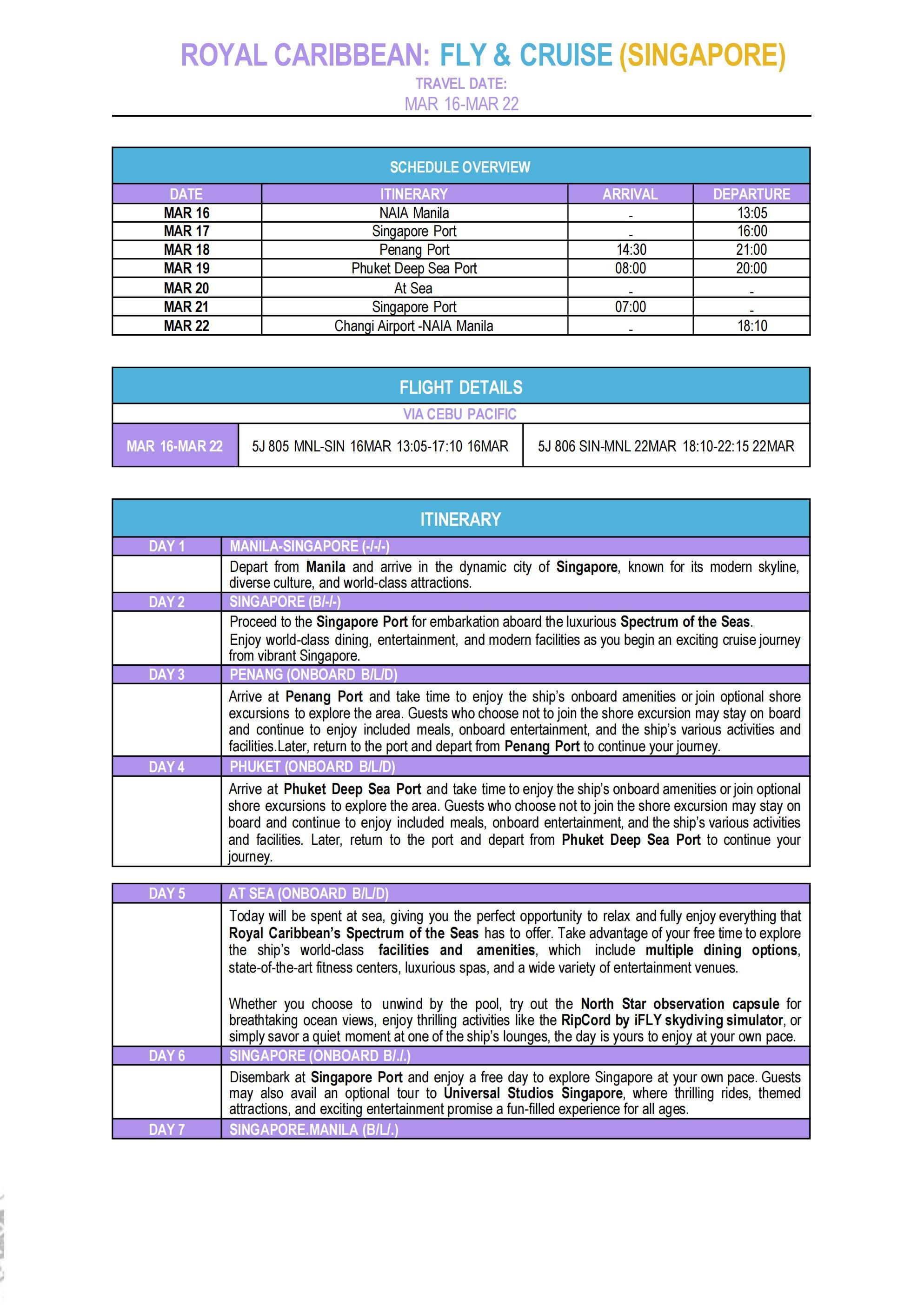 FLY AND CRUISE (Royal Caribbean) 2027-Singapore: AS LOW AS $1588/PAX itinerary