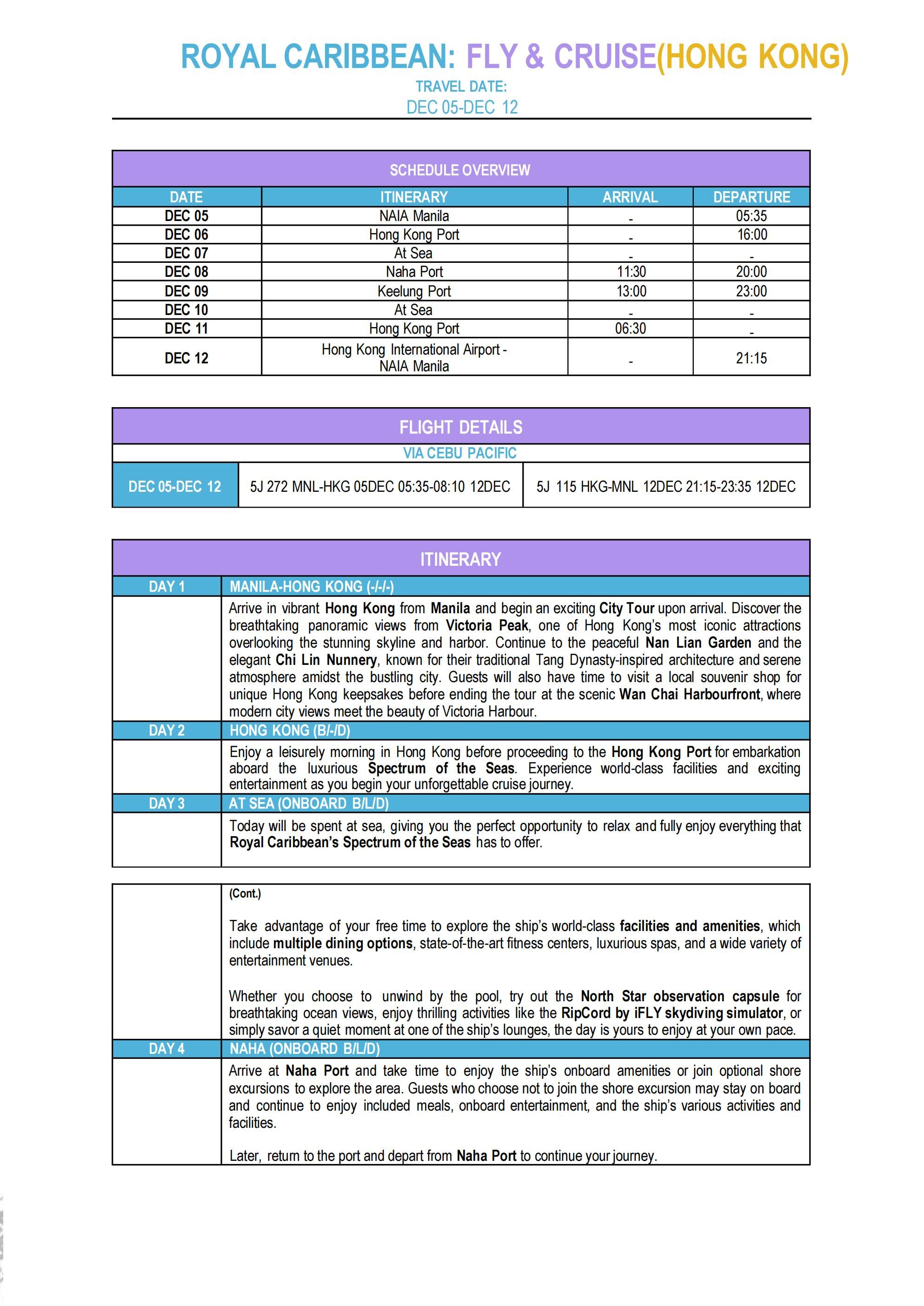 FLY & CRUISE (Royal Caribbean) 2026-Hong Kong: AS LOW AS $1788/PAX itinerary