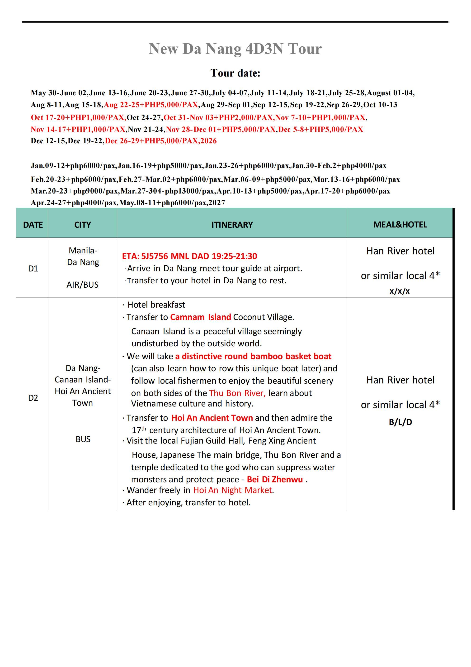 DA NANG 4D3N(5J),2026-2027: AS LOW AS ₱21888/PAX itinerary