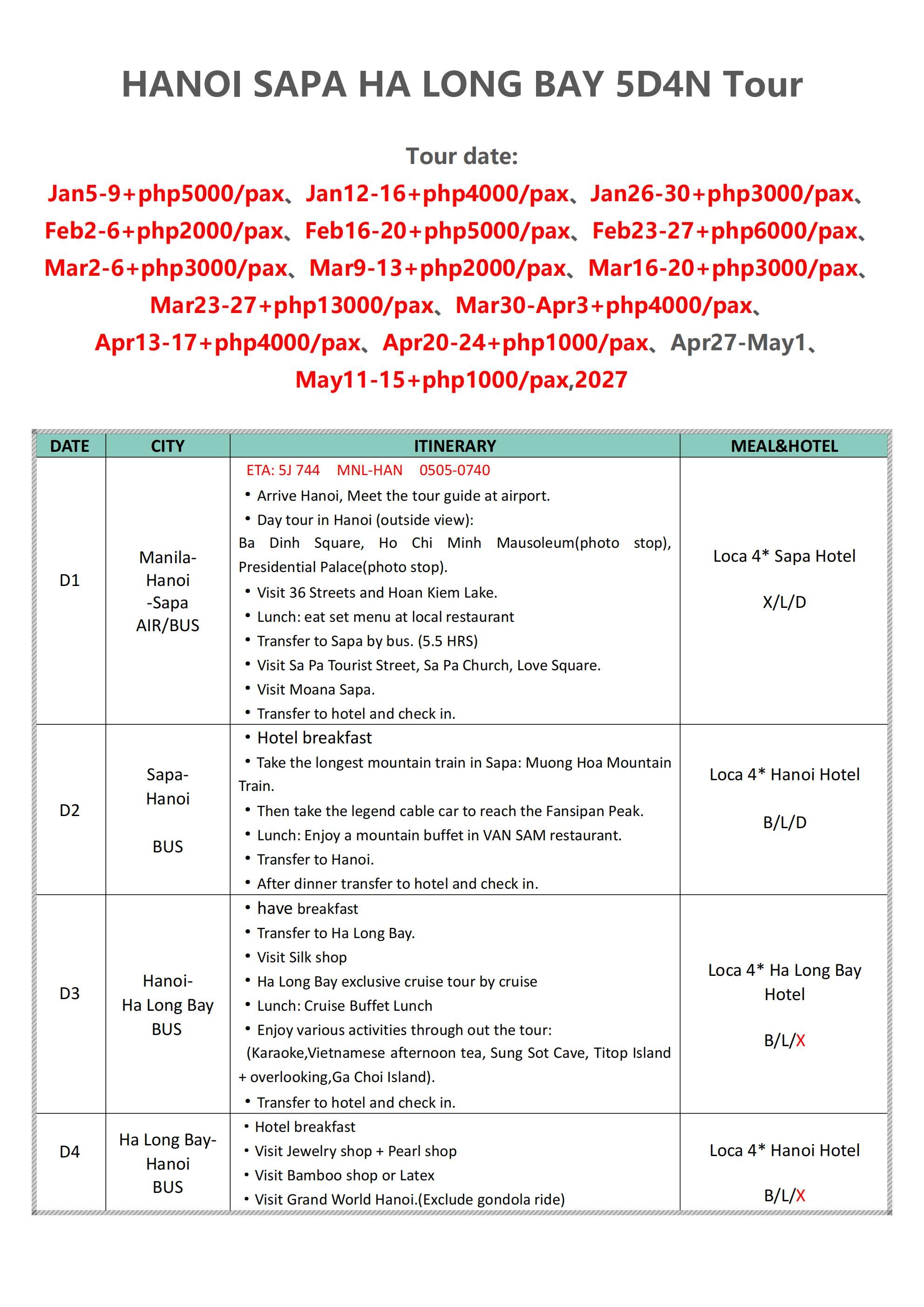 HANOI-SAPA HA LONG BAY 5D4N Tour(5J): AS LOW AS ₱32888/PAX itinerary