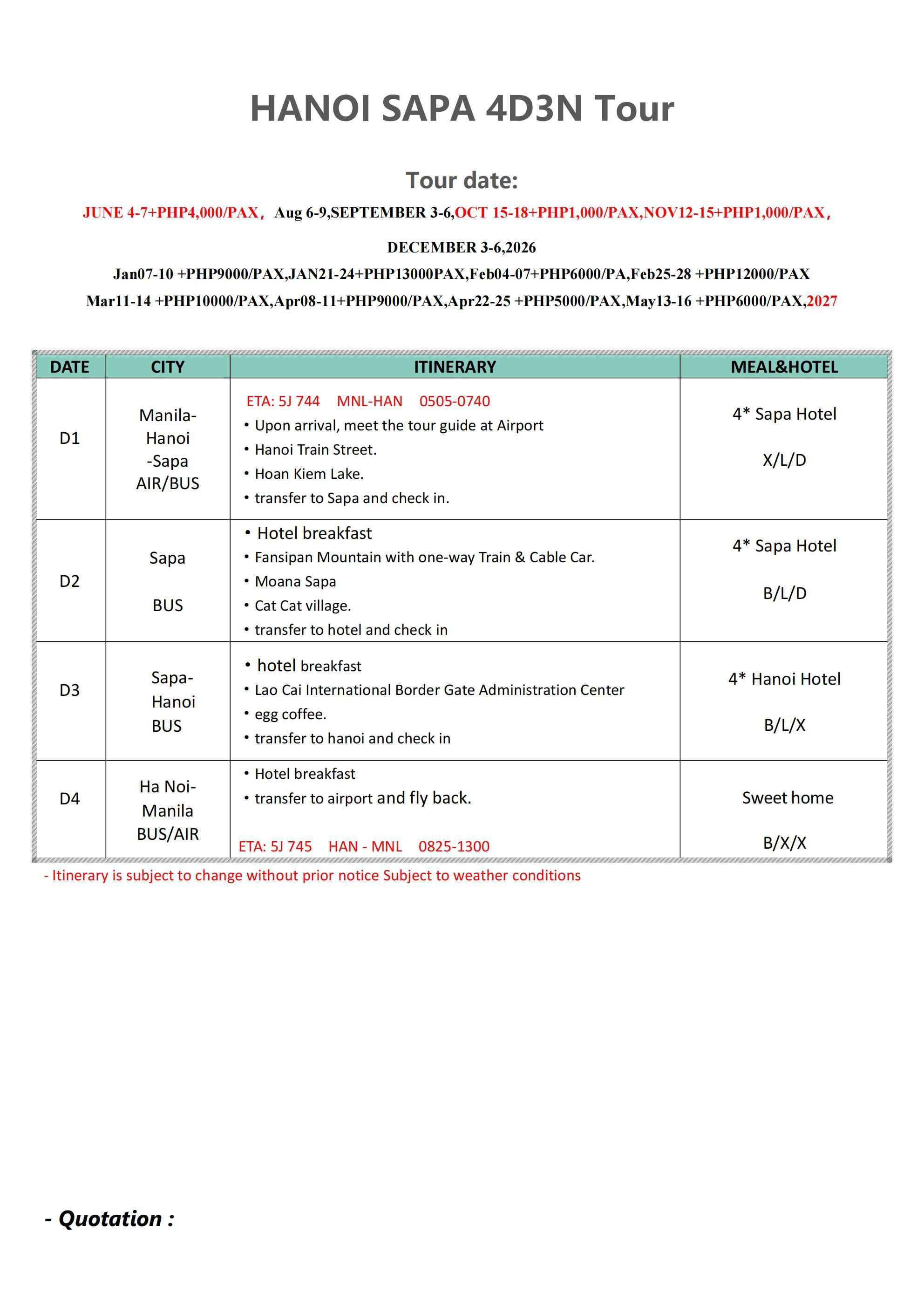 HANOI SAPA 4D3N(5J),2026: AS LOW AS ₱32888/PAX itinerary