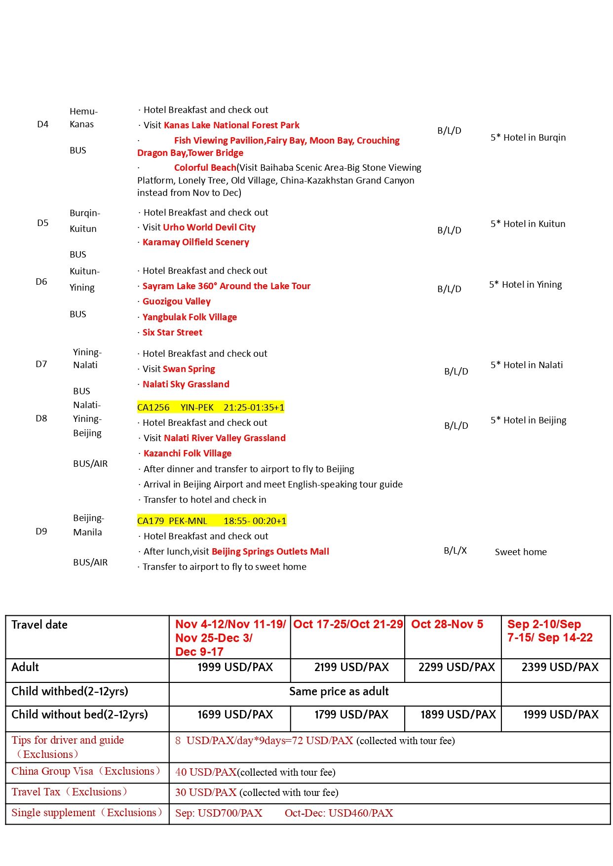 Manila-Xinjiang+Beijing 9D8N,2026: AS LOW AS $1999/PAX itinerary