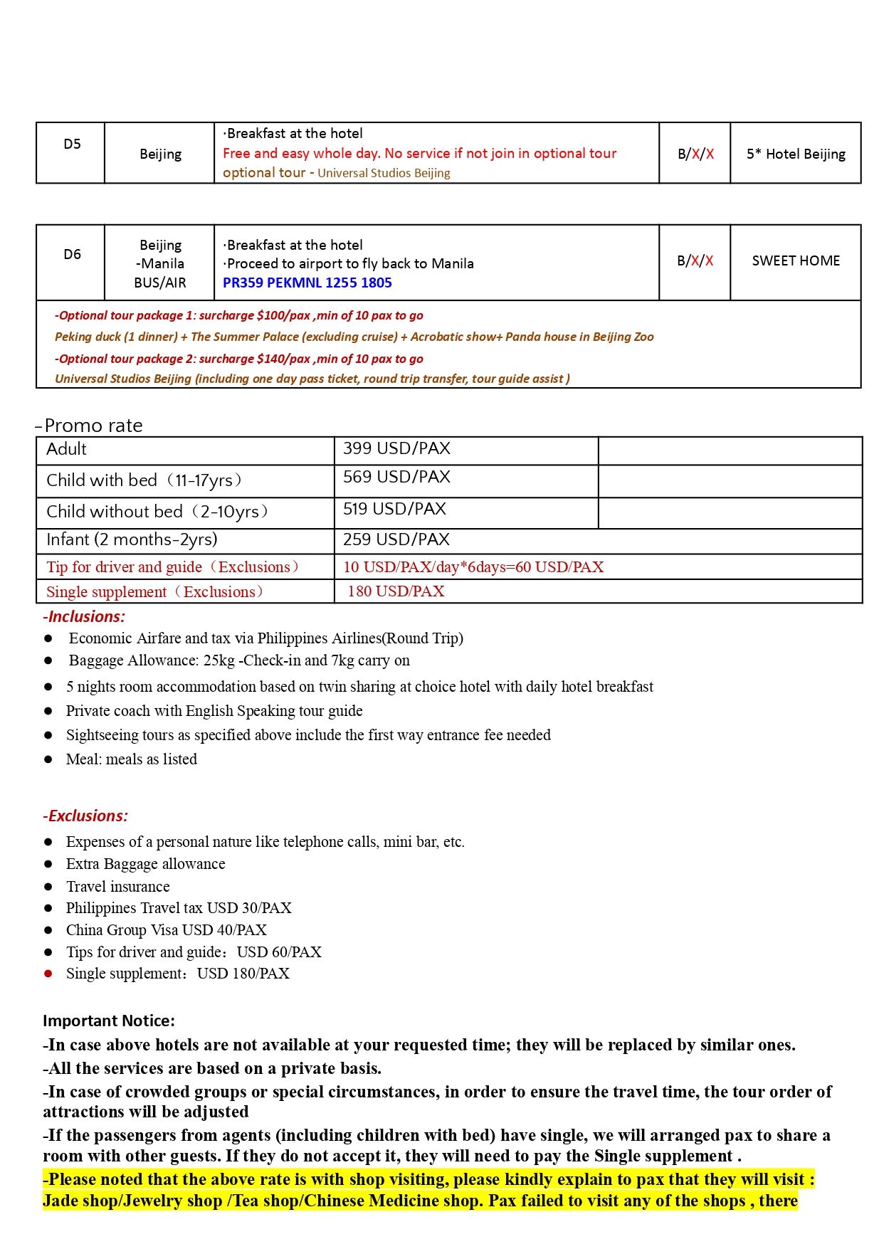 Promo Beijing 6D5N Tour(PR),2026: AS LOW AS $399/PAX itinerary