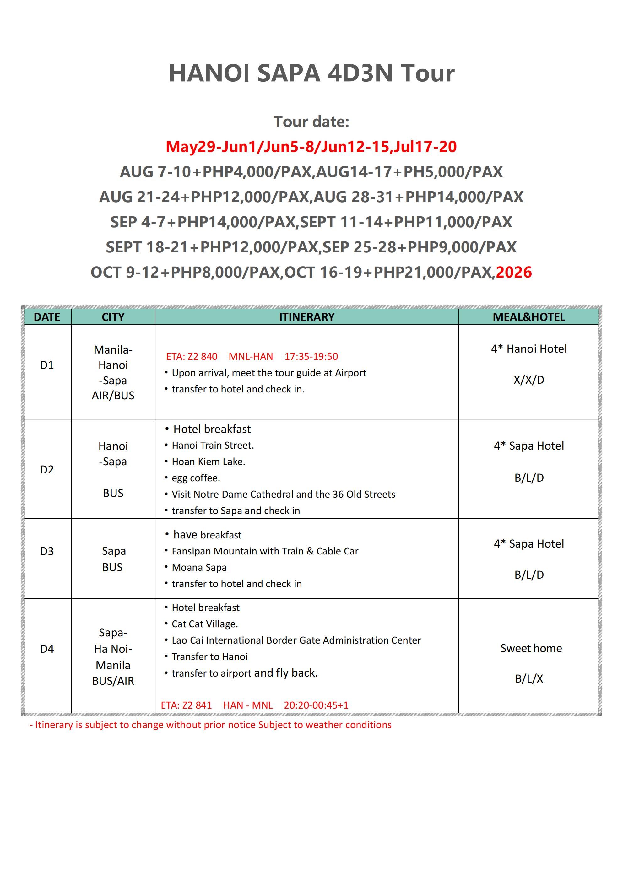 HANOI-SAPA 4D3N(Z2),2026: AS LOW AS ₱30888/PAX itinerary