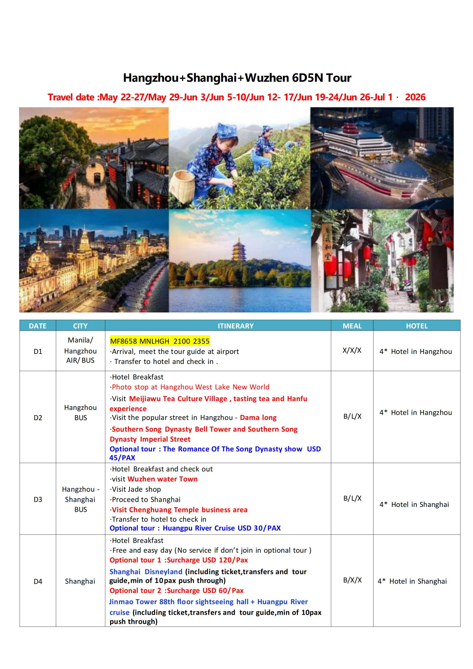 Hangzhou+Shanghai+Wuzhen 6D5N Tour，2026: AS LOW AS $399/PAX itinerary