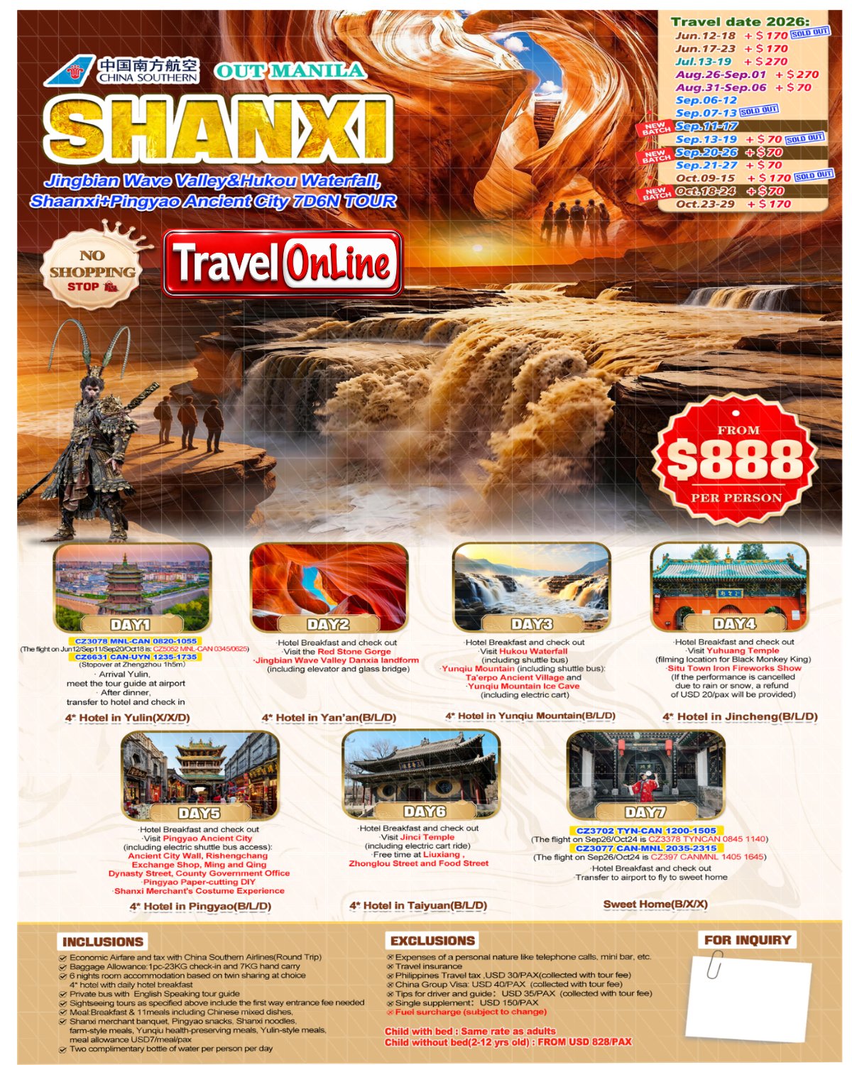 Manila-Shaanxi(Via Guangzhou)+Shanxi 7D6N,2026: AS LOW AS $1158/PAX promo image