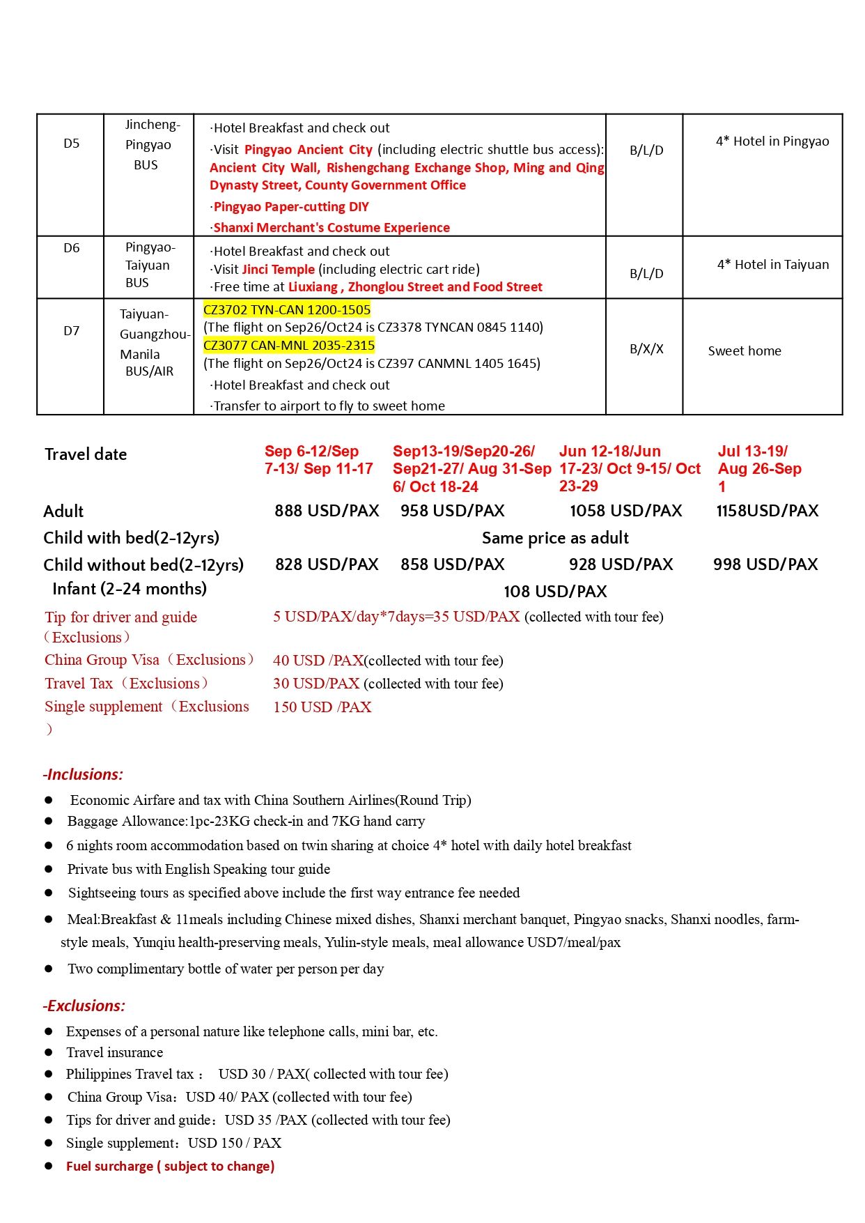 Manila-Shaanxi(Via Guangzhou)+Shanxi 7D6N,2026: AS LOW AS $1158/PAX itinerary